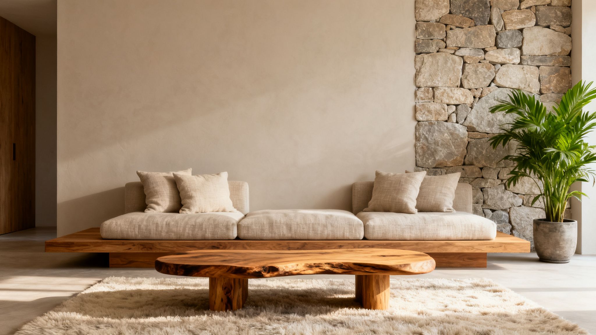 A modern minimalist living room with a low beige sofa, natural wood table, stone wall, and plant.