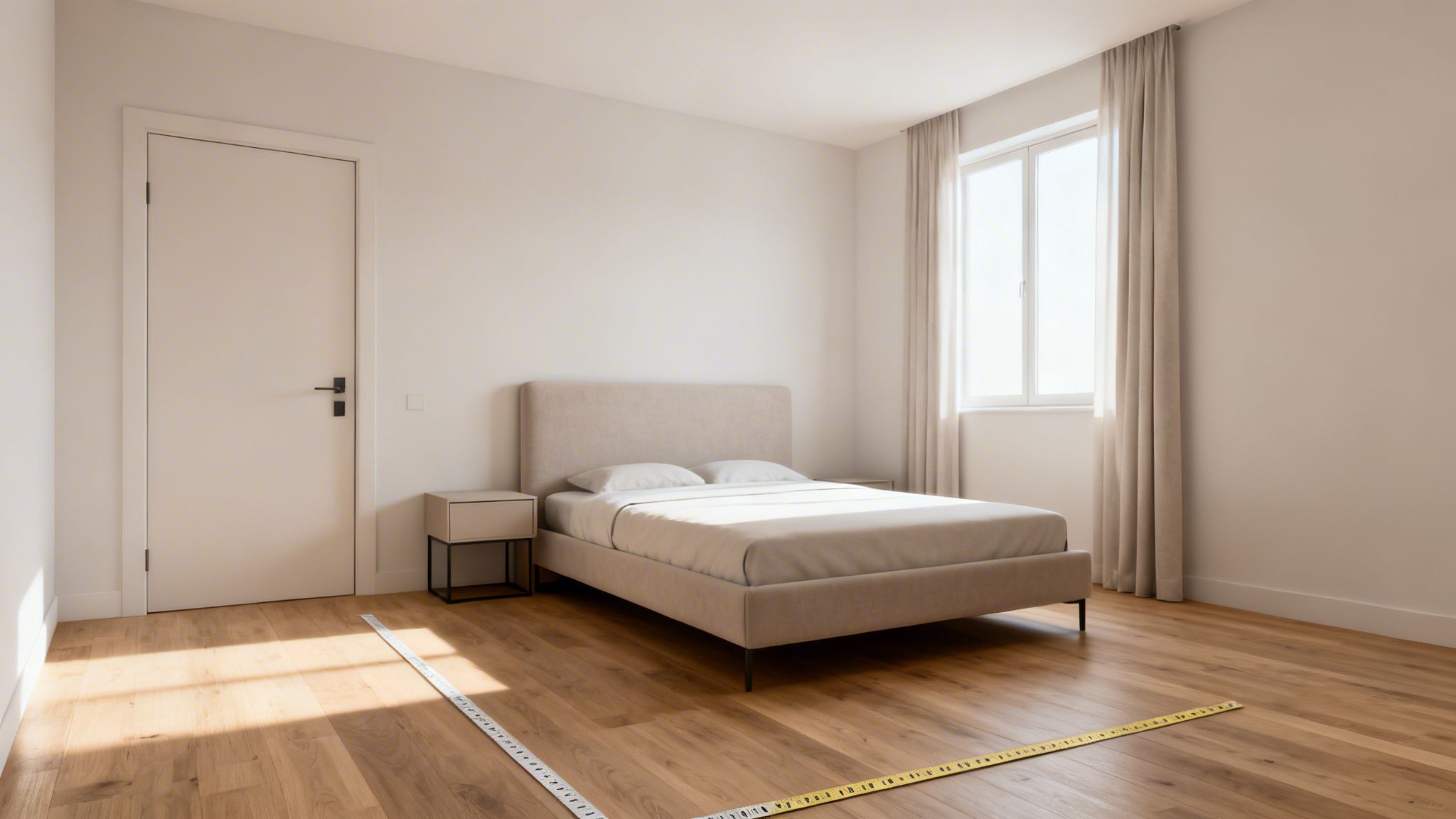 A minimalist bedroom with a beige bed, white door, bright window, wooden floor, and measuring tape.
