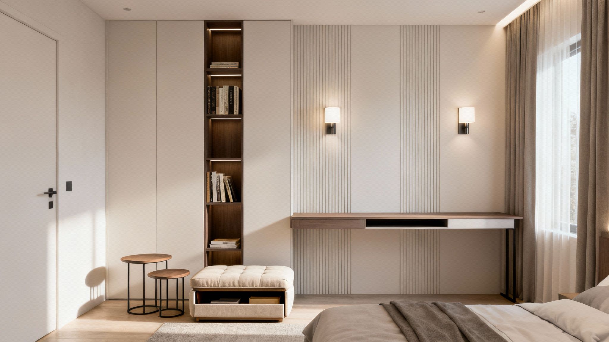Modern bedroom with built-in wardrobe, illuminated bookshelf, floating desk, and elegant wall sconces.