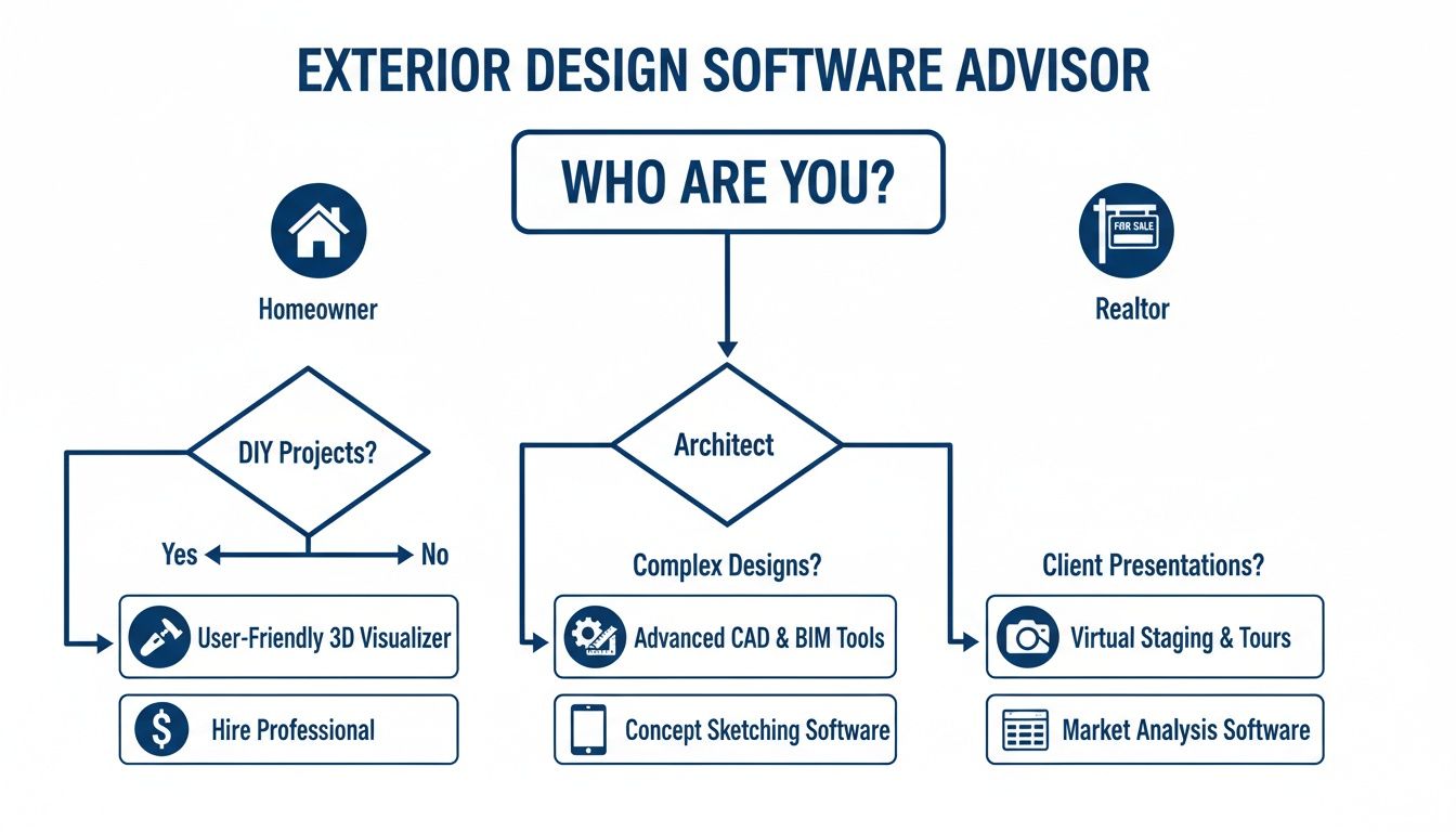 A flowchart titled 'Exterior Design Software Advisor' guiding users like homeowners, architects, and realtors to suitable software based on their specific needs.