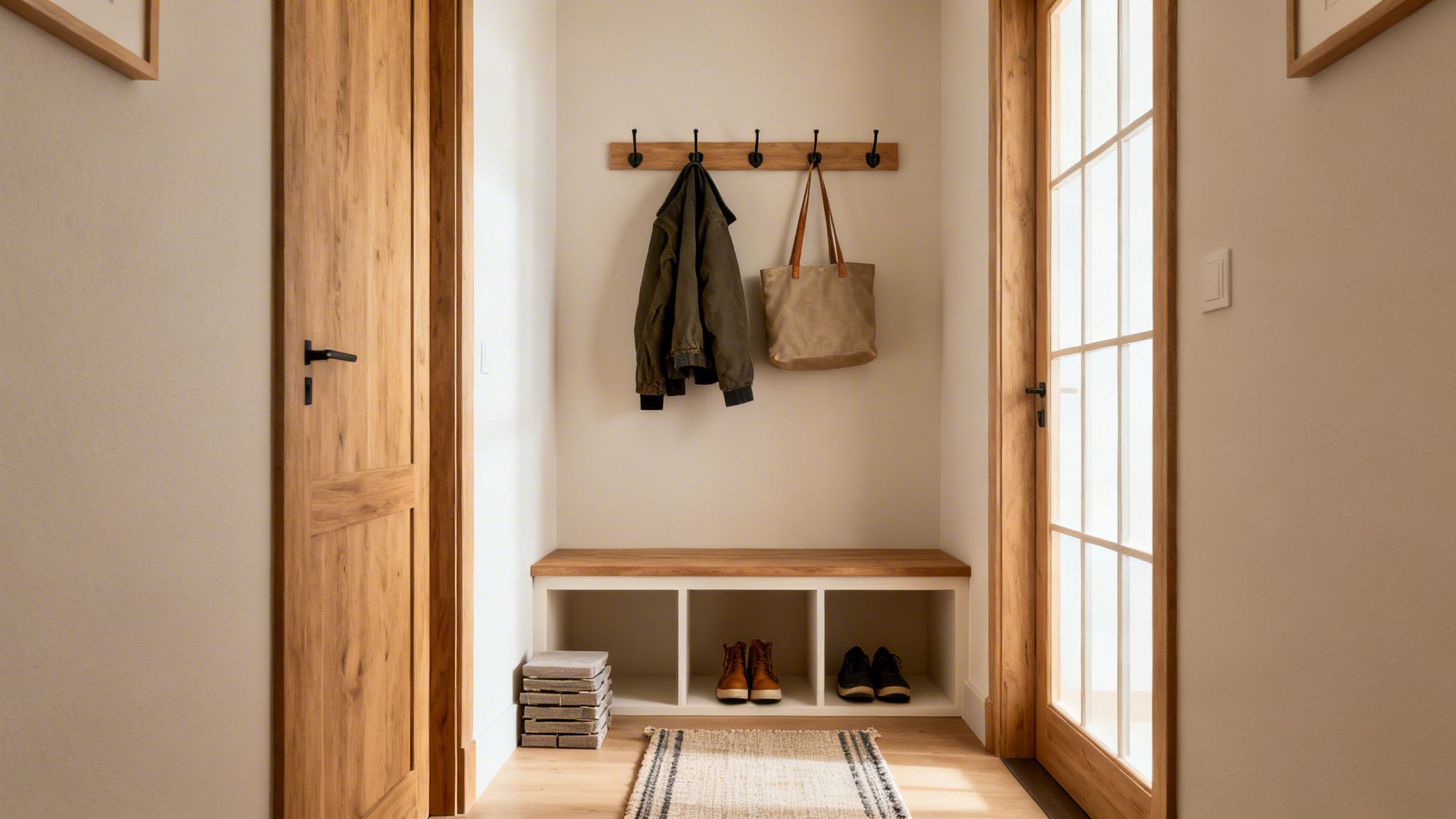 A cozy mudroom entryway featuring a wooden bench with shoe cubbies, a coat rack, and natural wood doors.