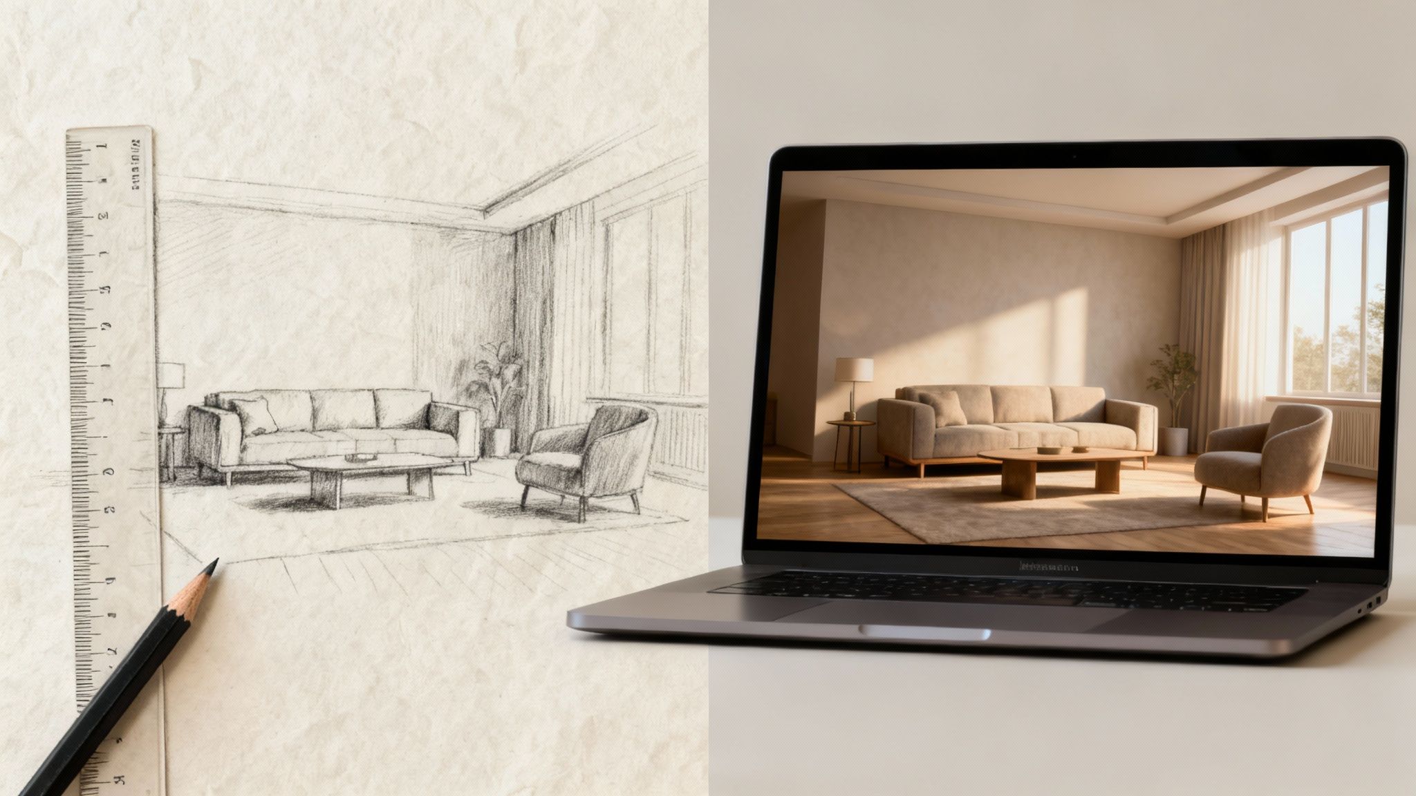 A pencil sketch of a living room interior on paper next to a laptop displaying its realistic 3D render.