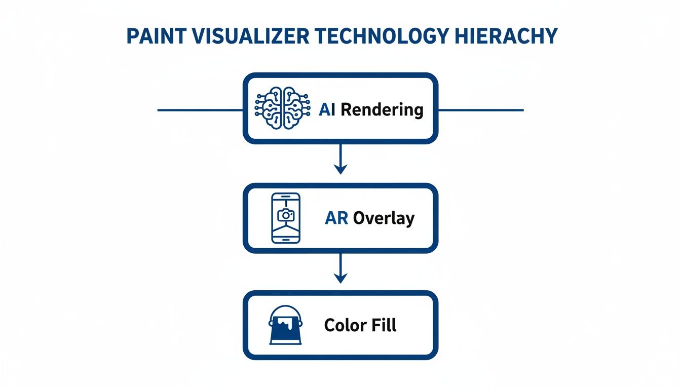 A hierarchical diagram outlining the technology behind paint visualizers: AI Rendering, AR Overlay, and Color Fill.
