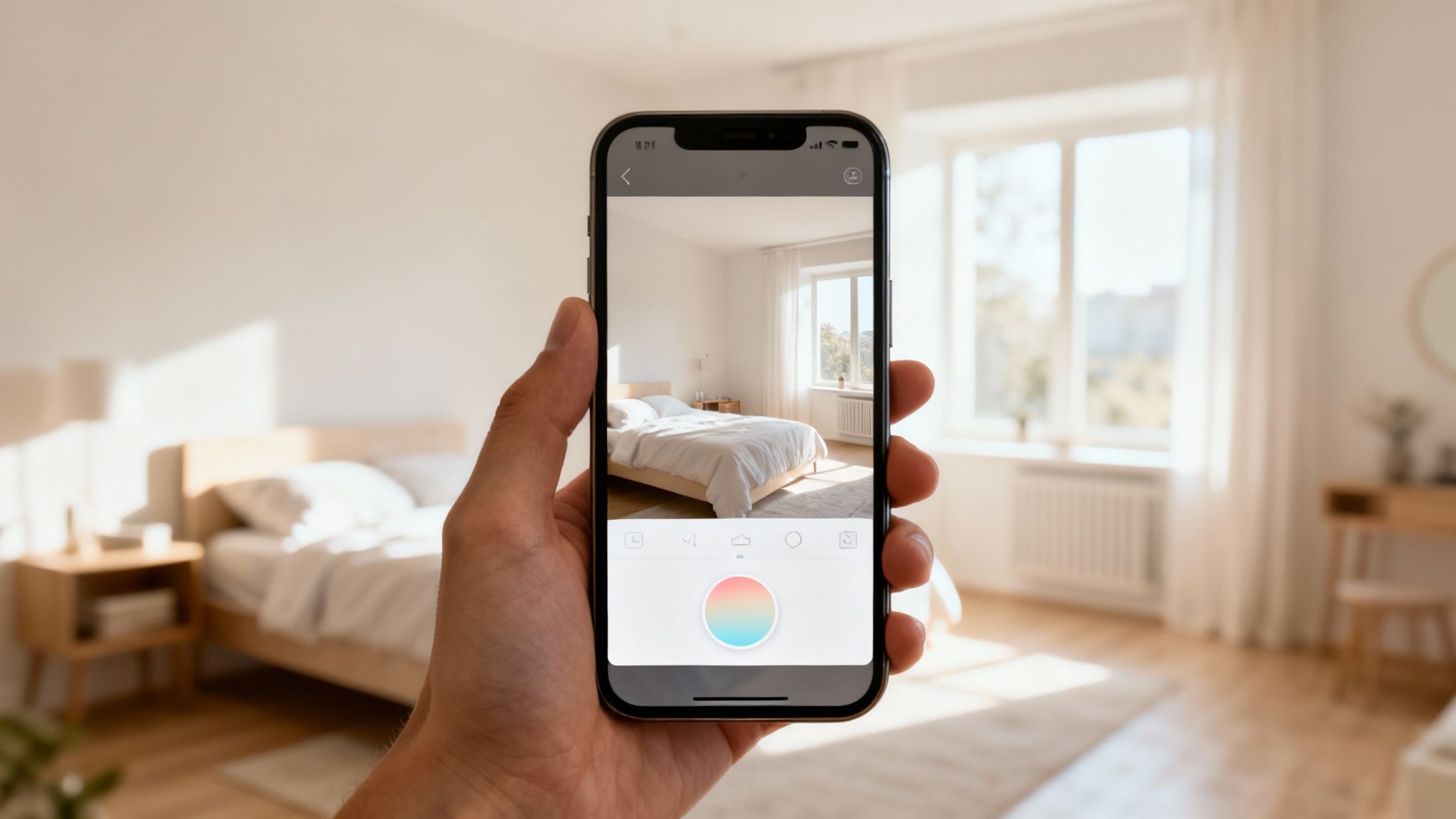 Hand holding a smartphone showing an interior design app to visualize bedroom paint colors.