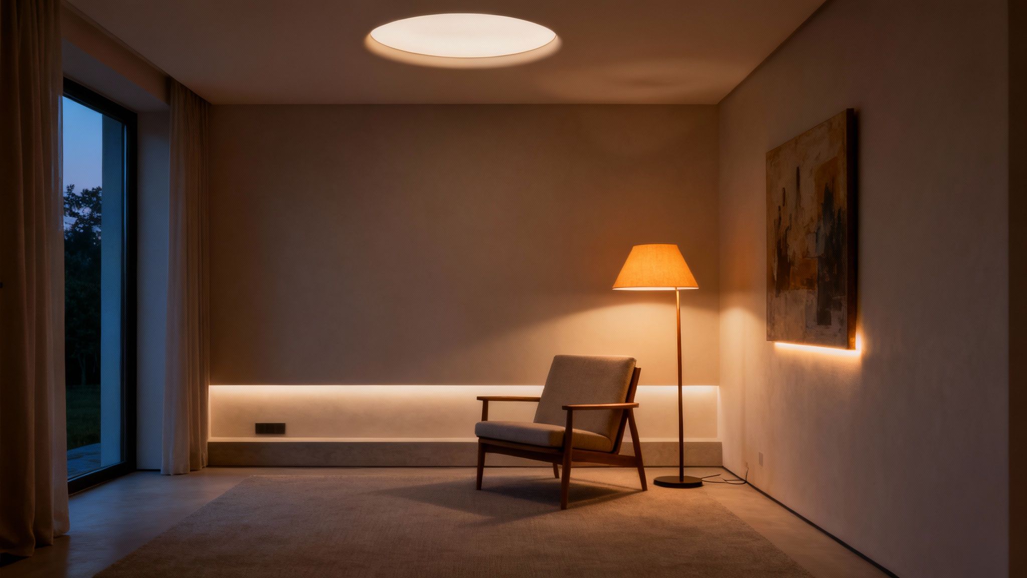 A cozy, modern living room at dusk with an armchair, floor lamp, and soft ambient lighting.