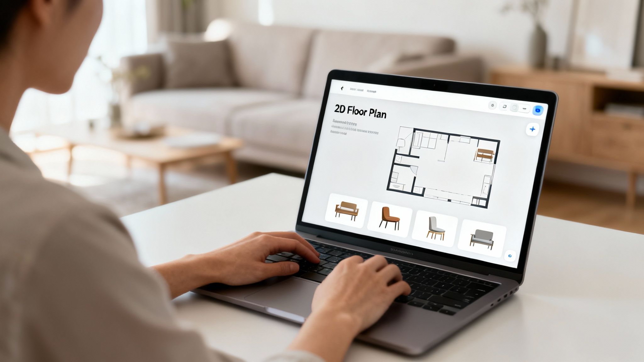 A person is actively designing a 2D floor plan using interior design software on a laptop.