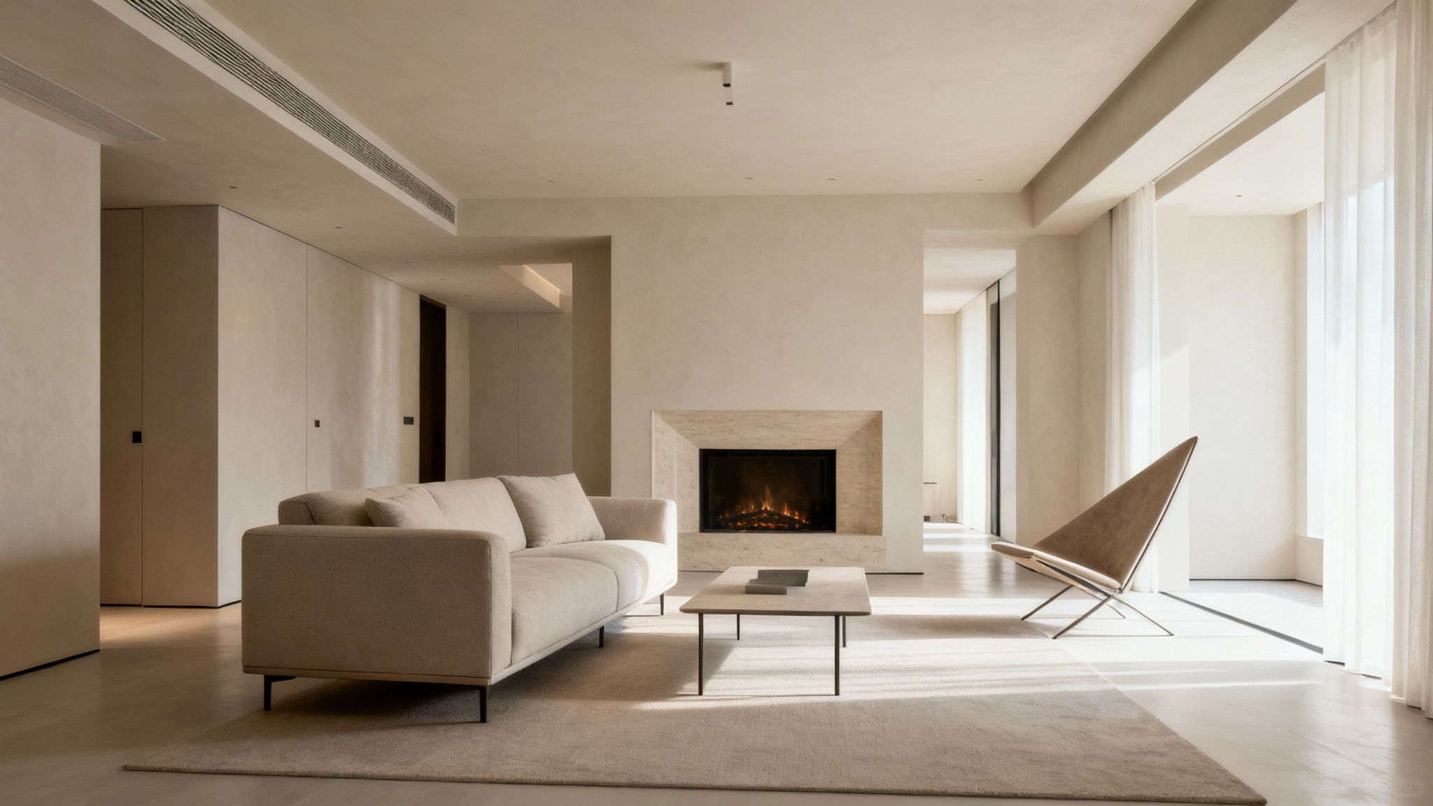 Elegant, minimalist living room with a neutral-toned sofa, modern fireplace, and unique lounge chair.