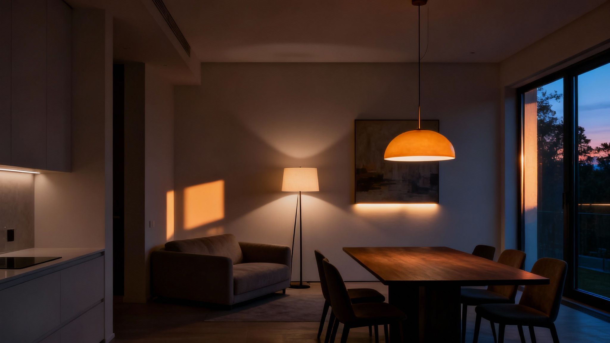 A modern open-plan living and dining room at dusk with warm artificial and natural light.