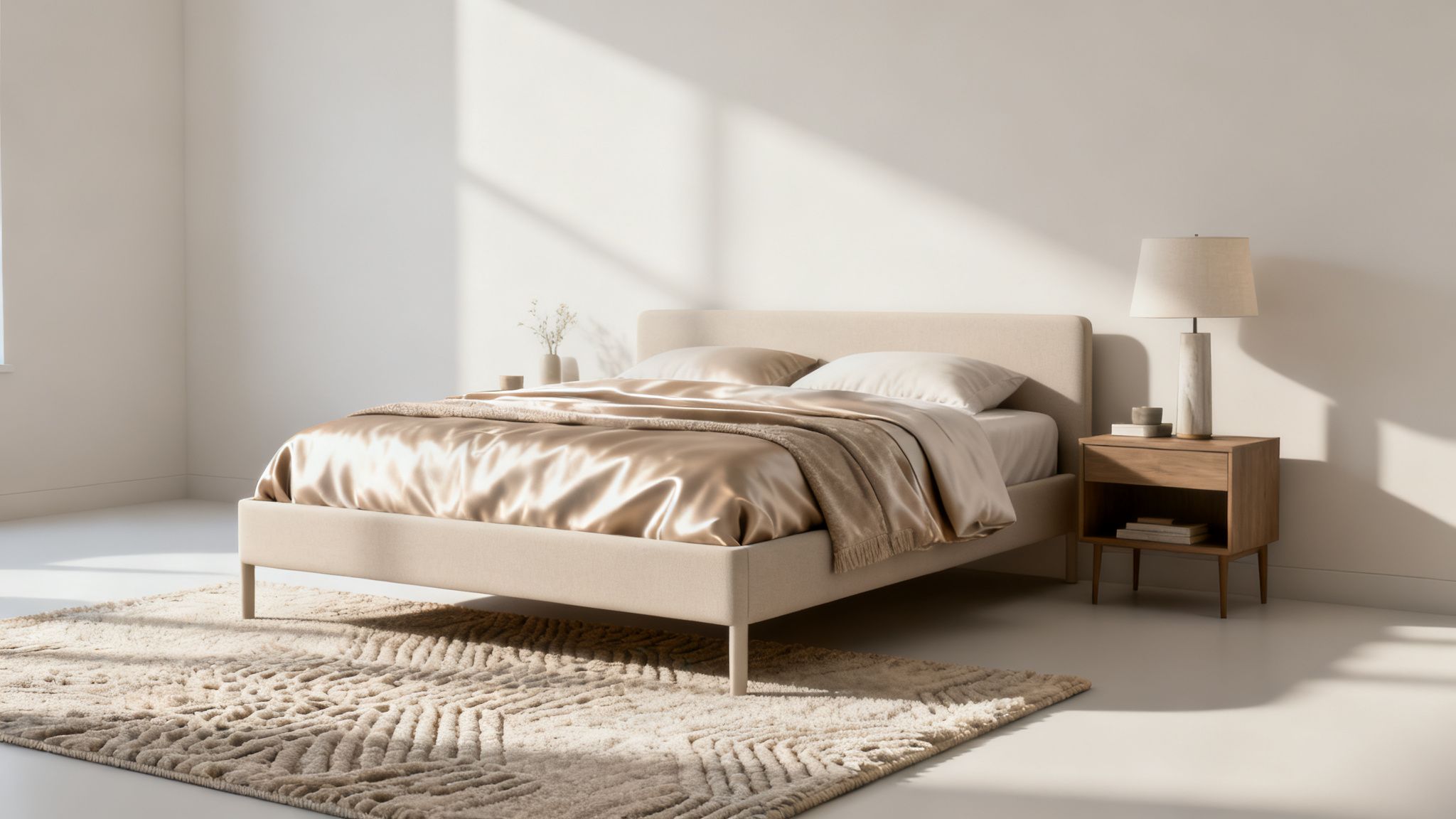 A minimalist bedroom featuring a beige bed with a gold satin comforter and a patterned rug.