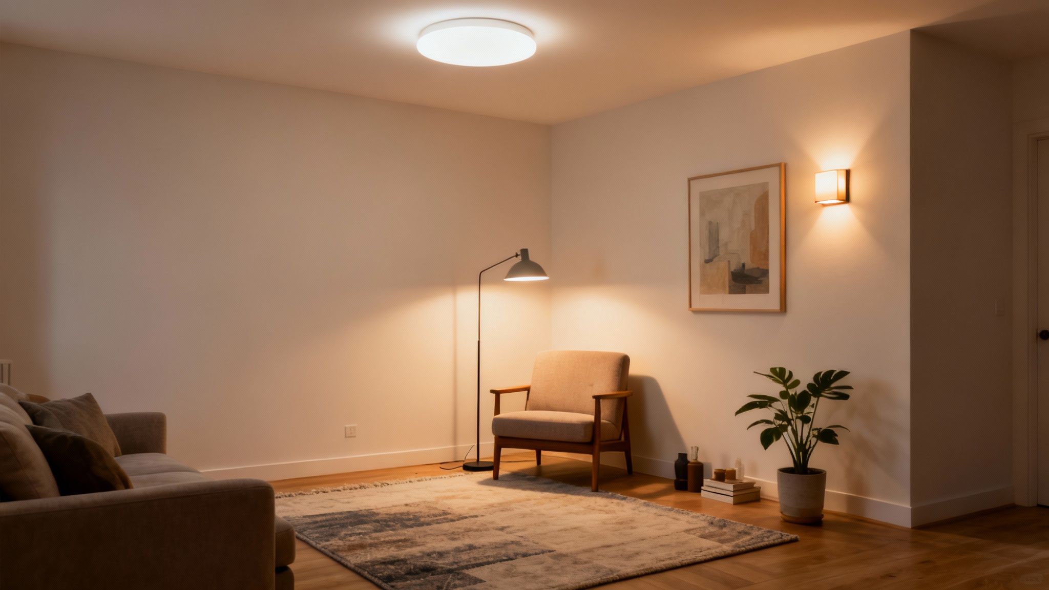 A cozy living room with a comfortable sofa, armchair, and warm lighting creates a welcoming space.