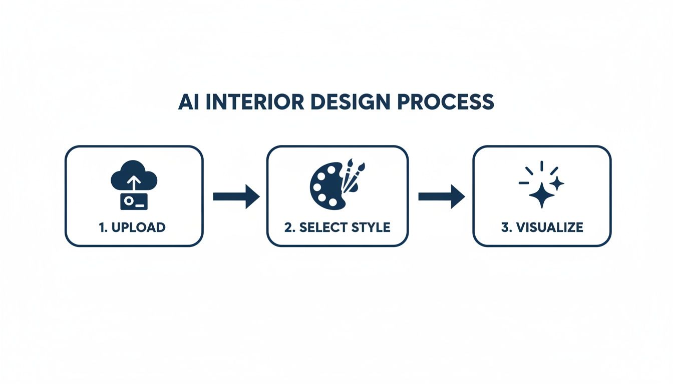 Diagram illustrating the AI interior design process with three steps: upload, select style, and visualize.