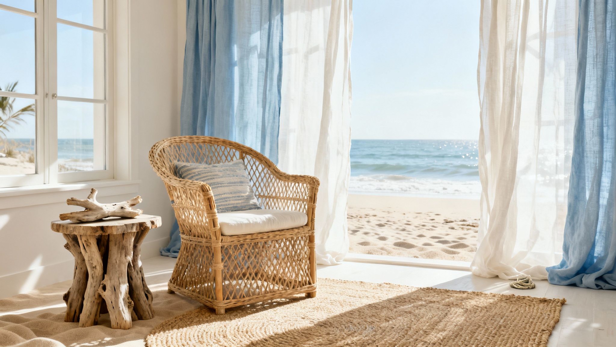 Sunny beach house interior featuring a wicker chair, natural wood table, and blue ocean vista.