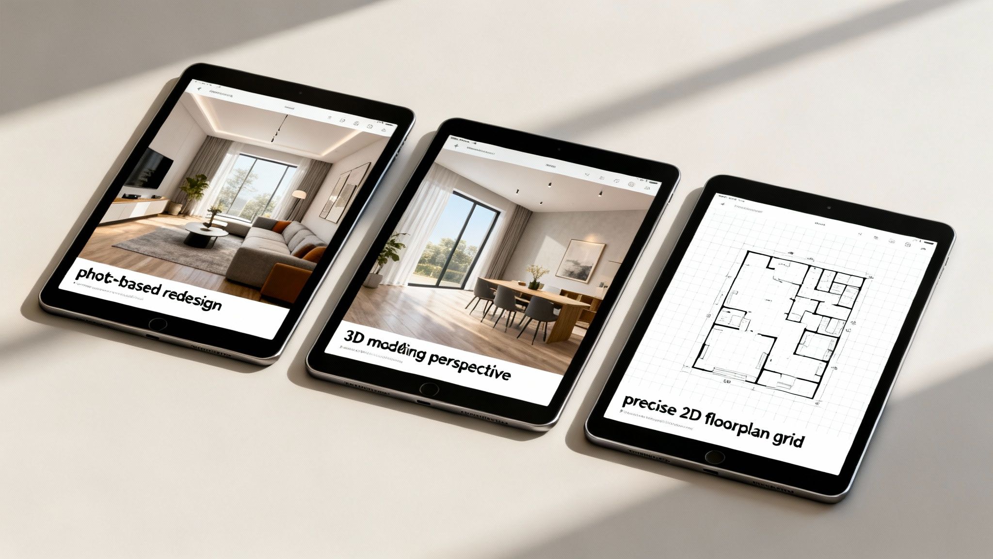 Three tablets display photorealistic room redesign, 3D modeling perspective, and a precise 2D floorplan grid.