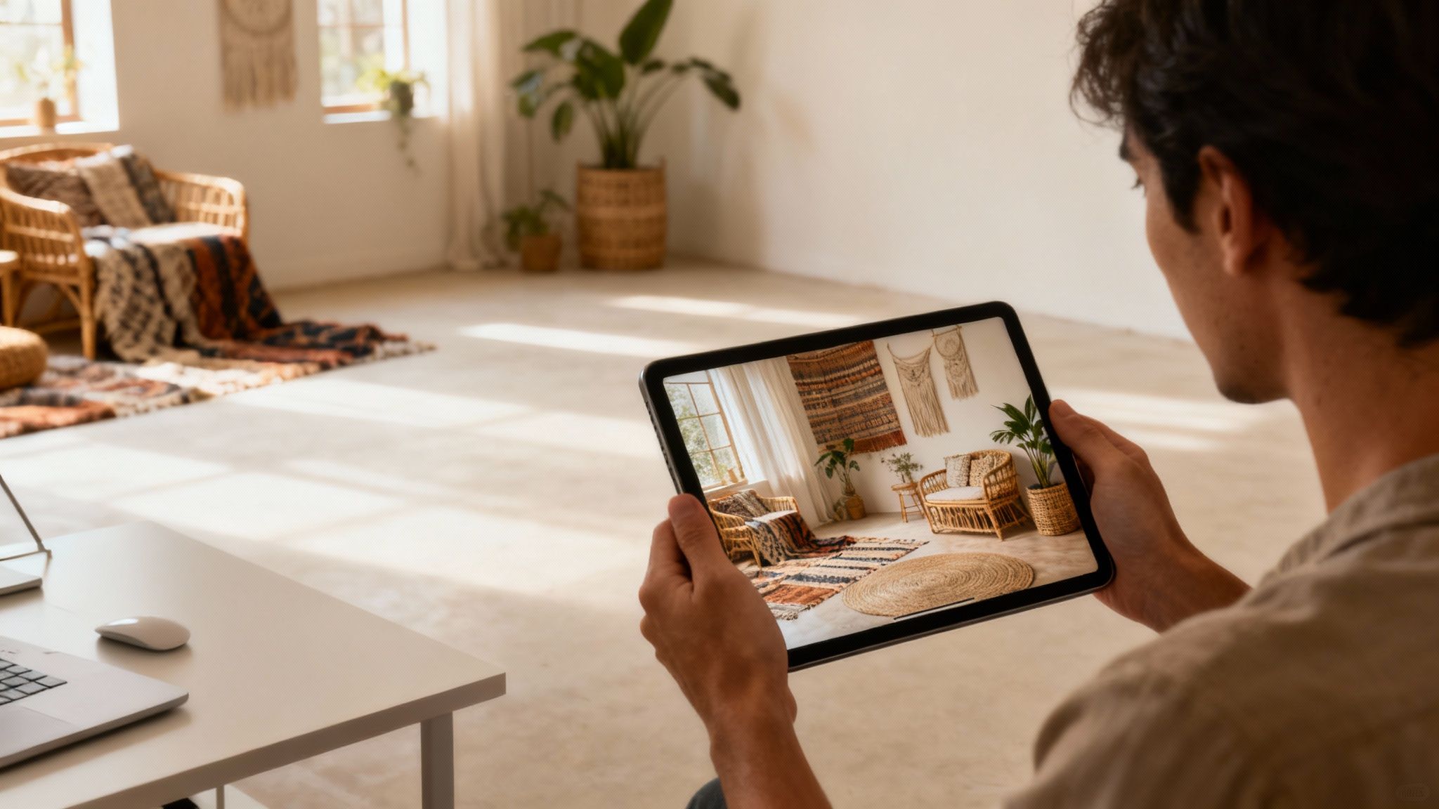 A person holds a tablet displaying a boho-style room with wicker furniture and macrame decor.