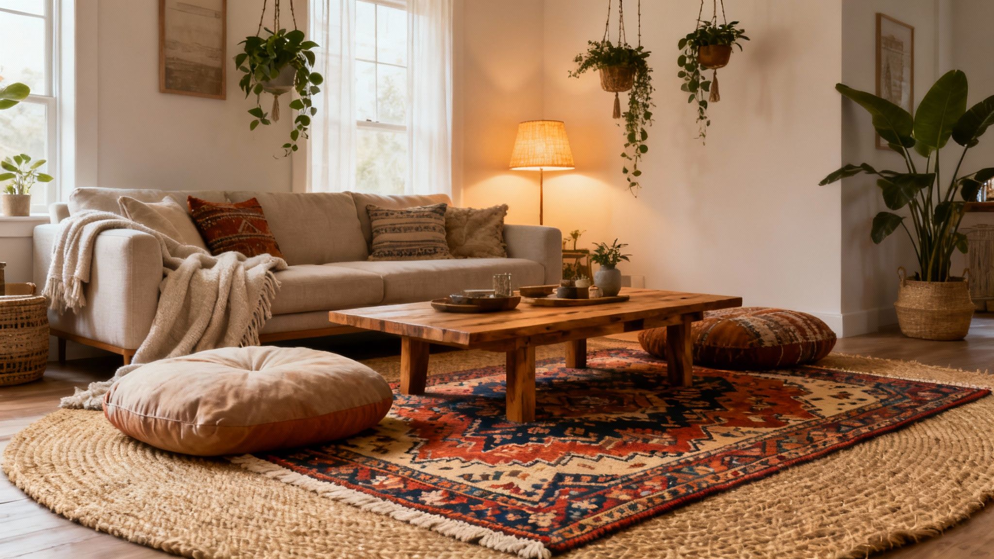 A warm and inviting boho-style living room with a sofa, wooden coffee table, plants, and layered rugs.