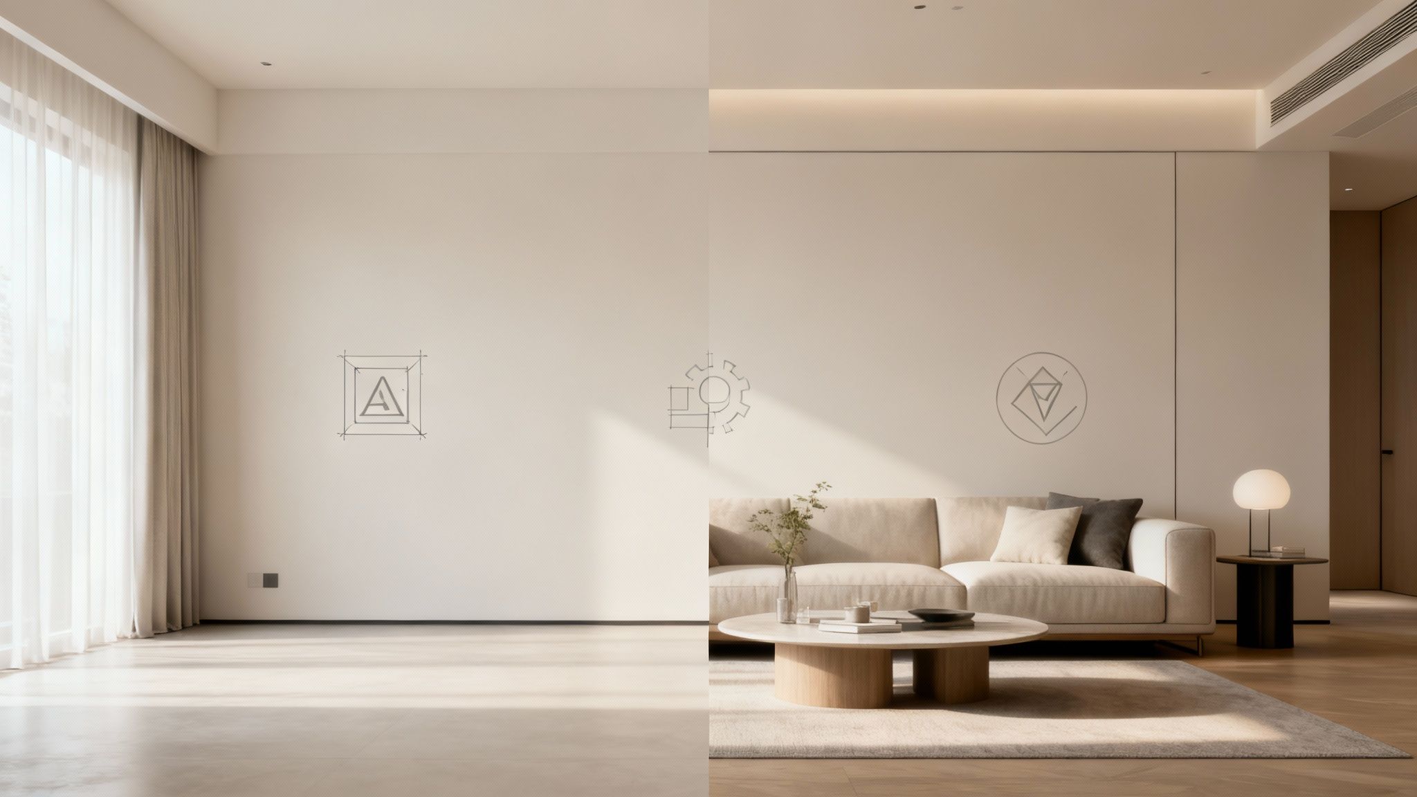 A split image illustrating room planning from bare walls with architectural sketches to a furnished modern living room.