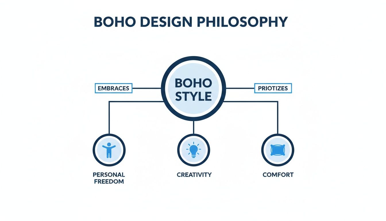 Infographic detailing Boho style principles: embracing personal freedom and prioritizing creativity and comfort.