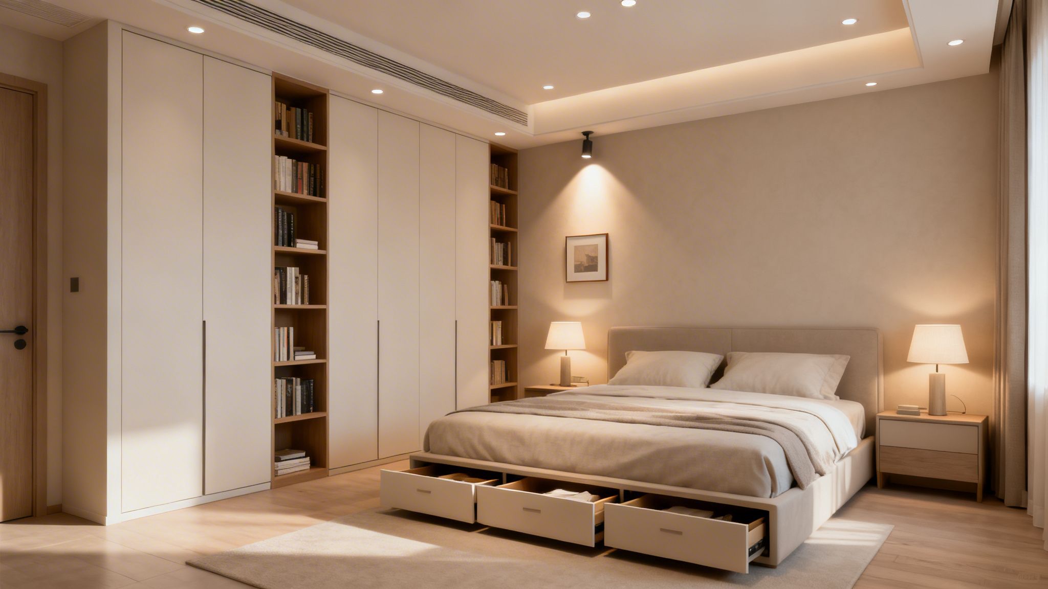 Modern minimalist bedroom featuring a bed with storage, built-in wardrobes, and soft lighting.