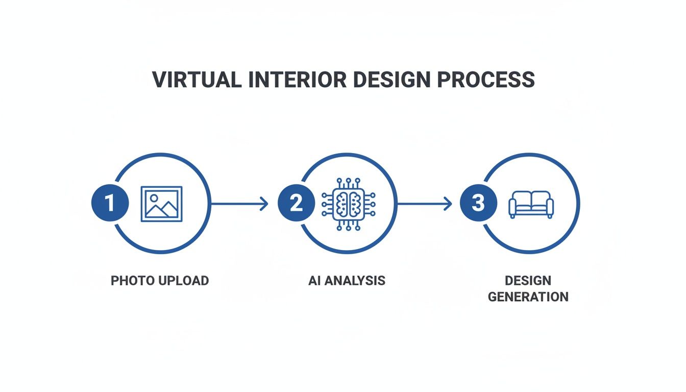 A diagram outlining the three-step virtual interior design process: Photo Upload, AI Analysis, and Design Generation.