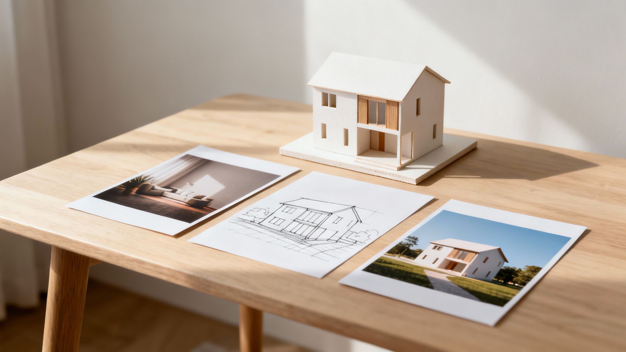 Architectural model, house sketch, and design photos for modern home projects on a wooden table.