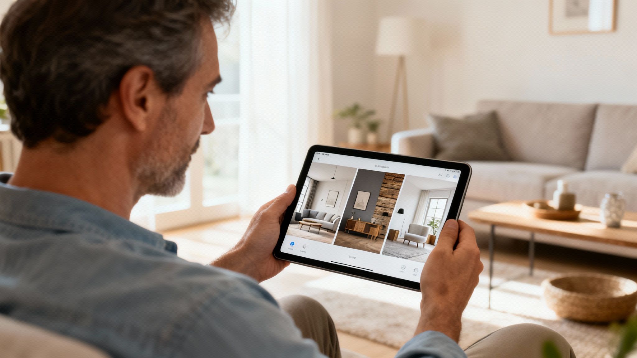 Man viewing interior design options on a tablet screen in a bright, modern living room.