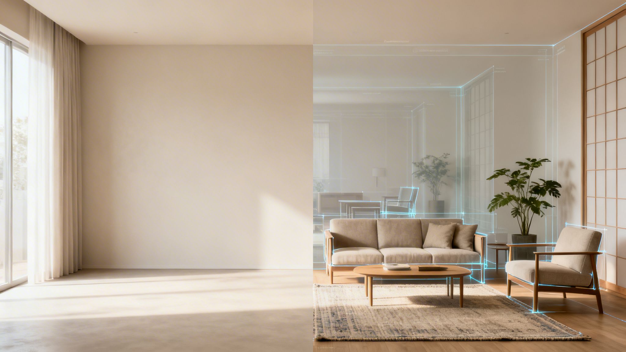 An AI-assisted interior design concept showing a split room with an empty wall and furniture.