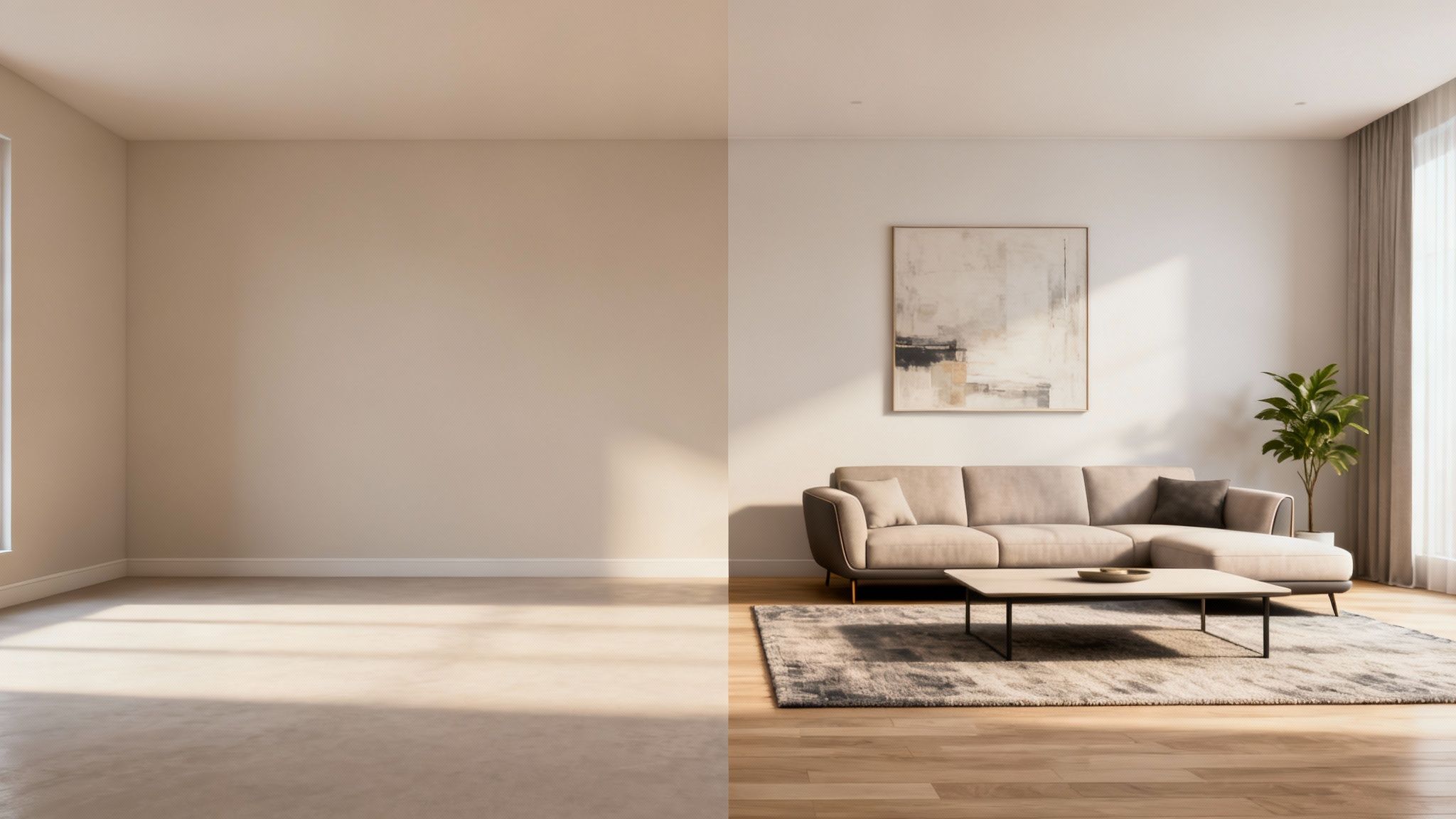 Before and after comparison of a living room, empty on the left, beautifully staged on the right.
