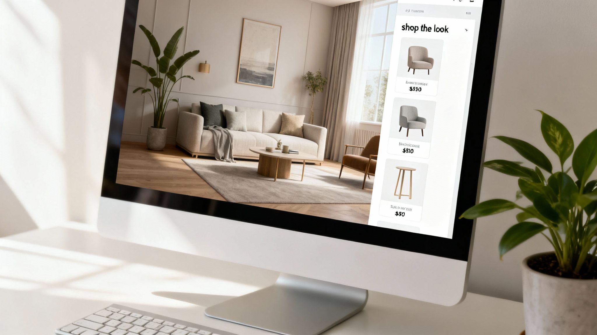 Computer screen displaying an AI-powered interior design tool with a living room concept and shoppable furniture.