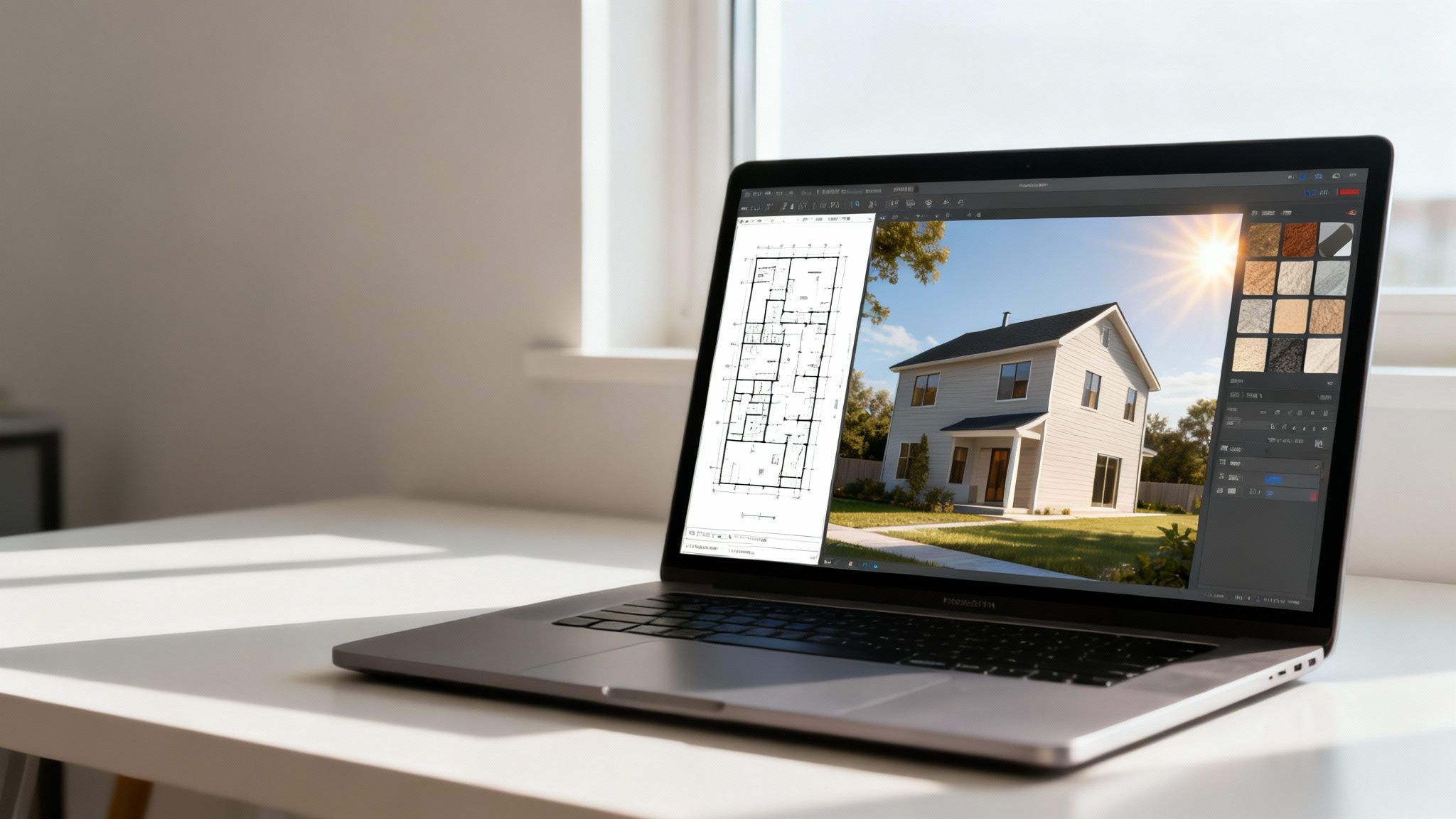Laptop displaying architectural software with a floor plan and 3D exterior home design on a white desk.