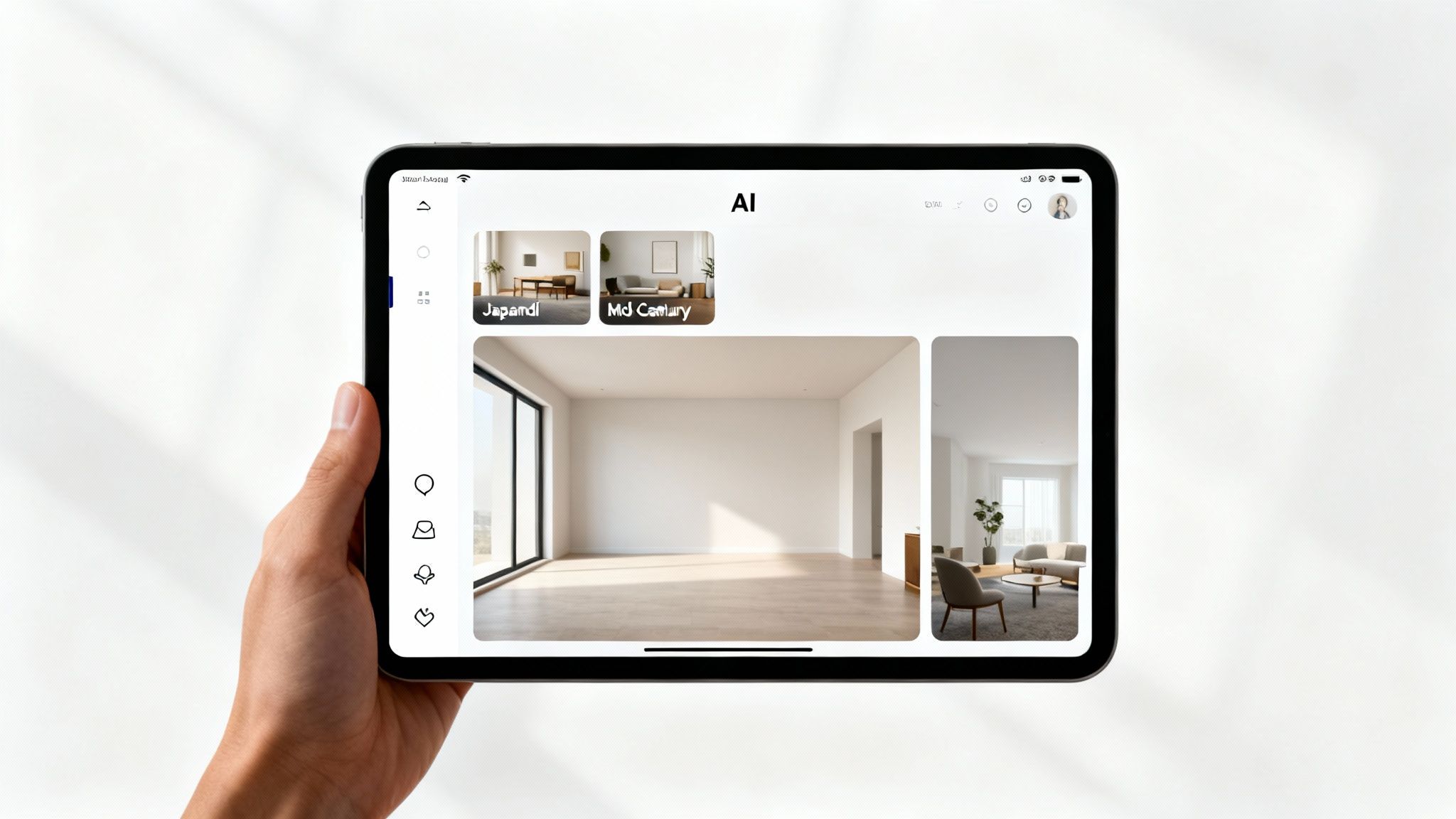 A hand holds a tablet displaying an AI interior design app with Japandi and Mid Century styles.