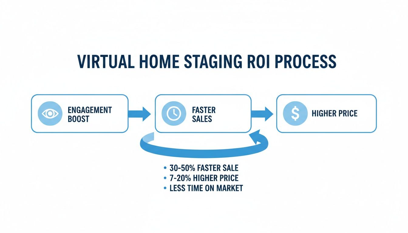 Diagram showing Virtual Home Staging ROI: Engagement, Faster Sales, Higher Price, with key benefits.