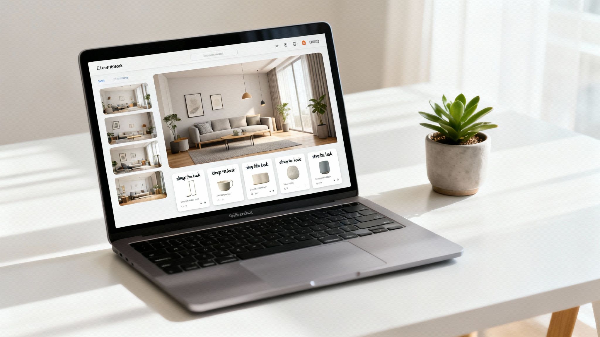 A laptop on a white desk displaying home design software and a succulent plant.