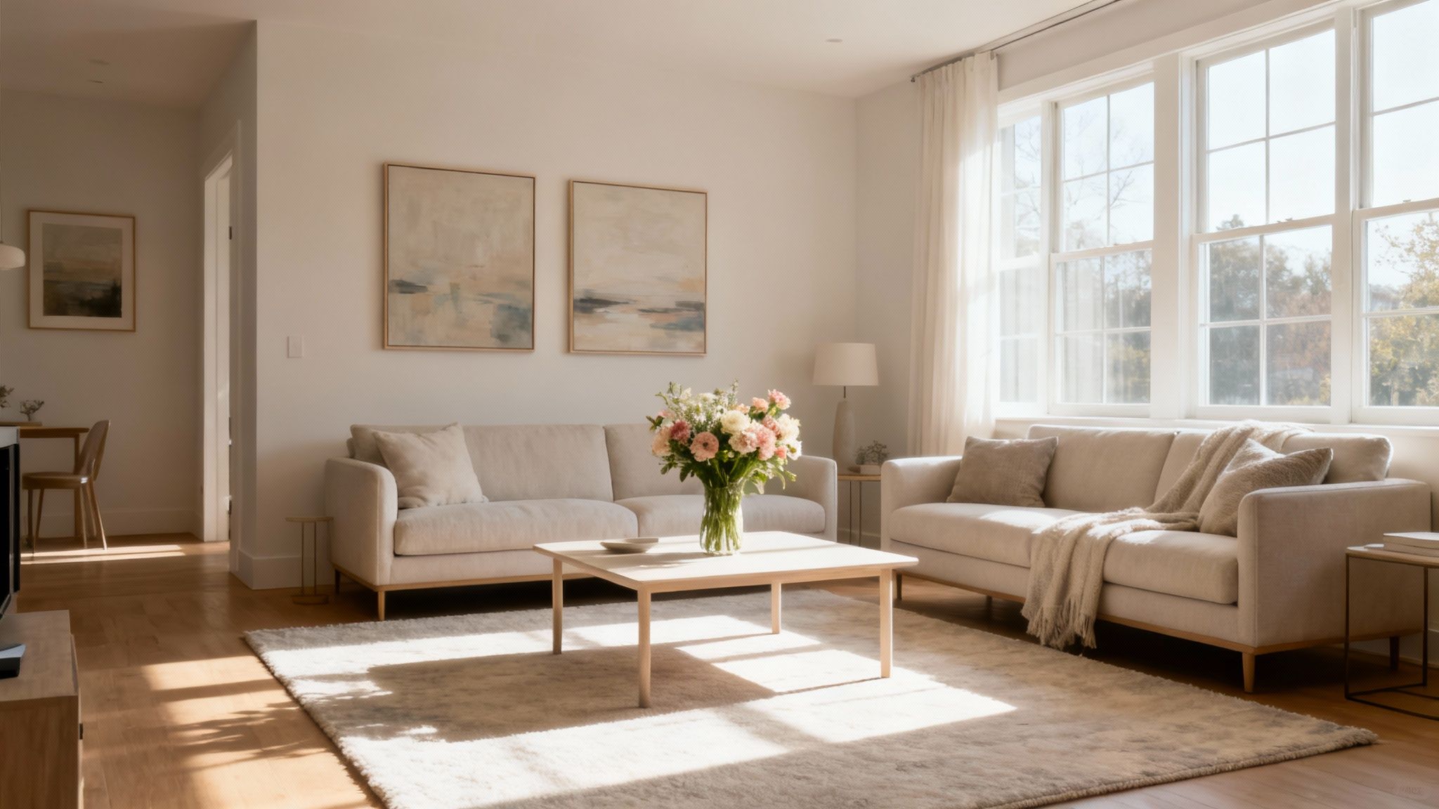 A well-lit, minimalist living room featuring neutral-toned sofas, a wooden coffee table with flowers, and abstract art.