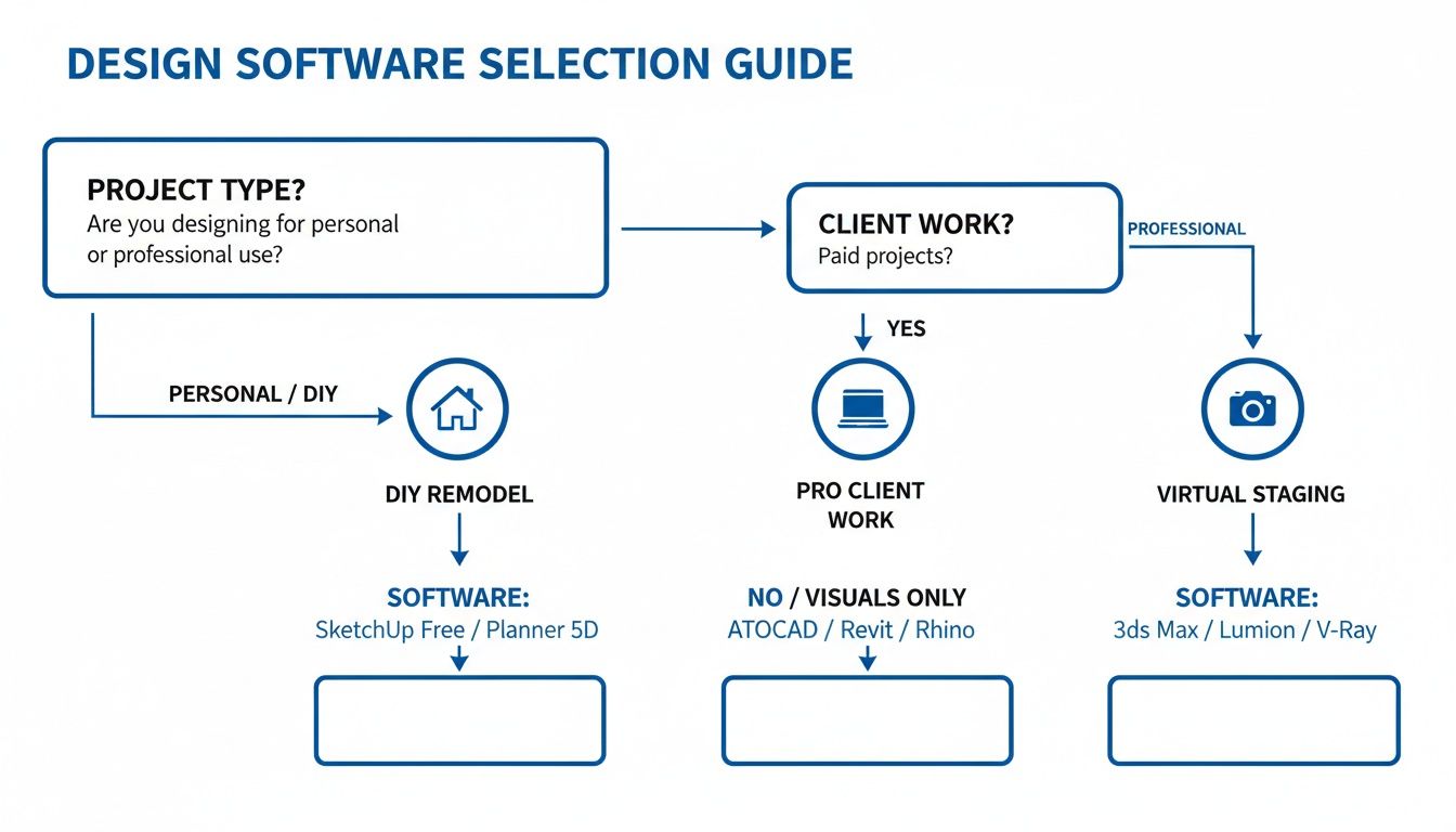 A flowchart guiding users to select design software based on project type: personal DIY, professional client work, or virtual staging.