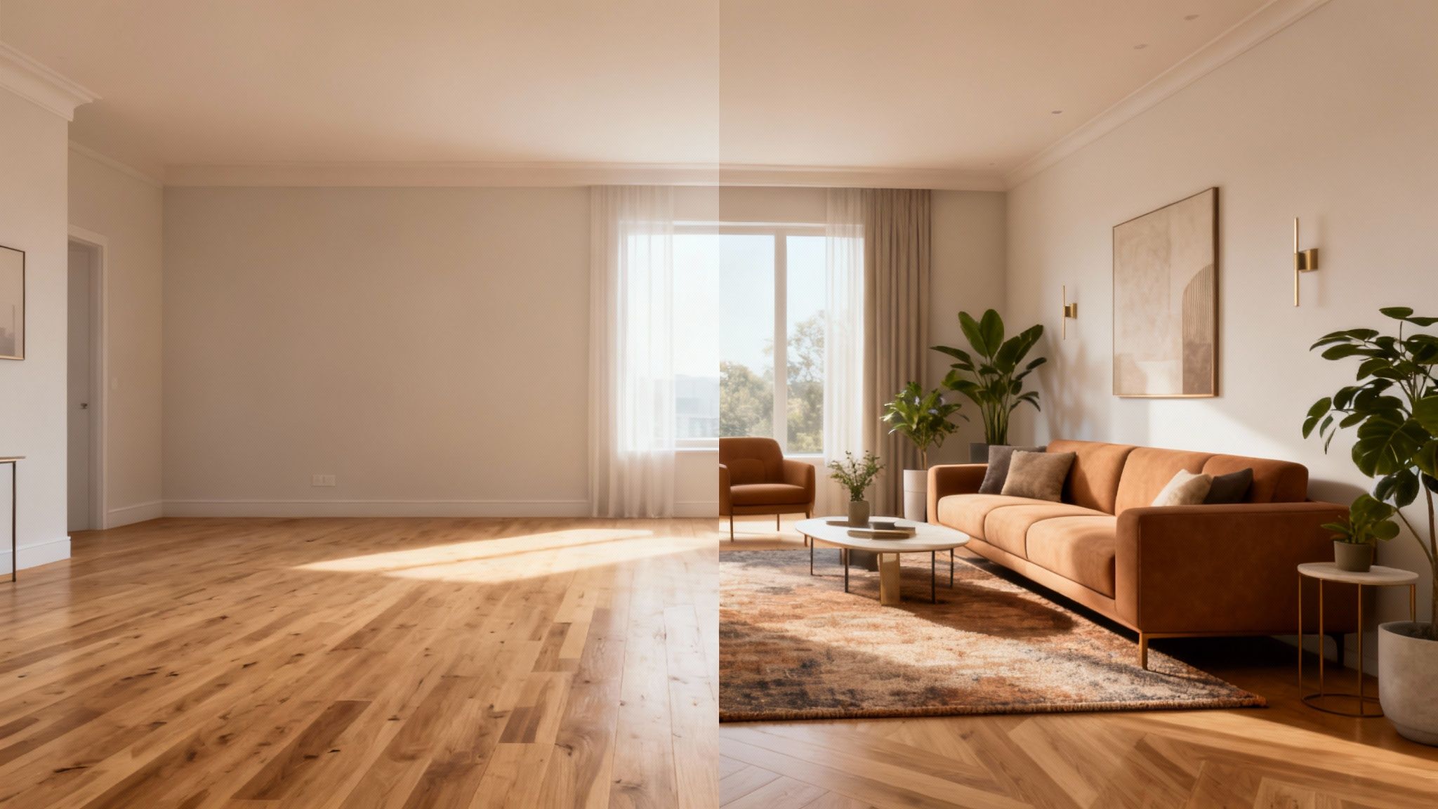 Before and after virtual staging of a modern living room with a brown sofa, plants, and natural light.