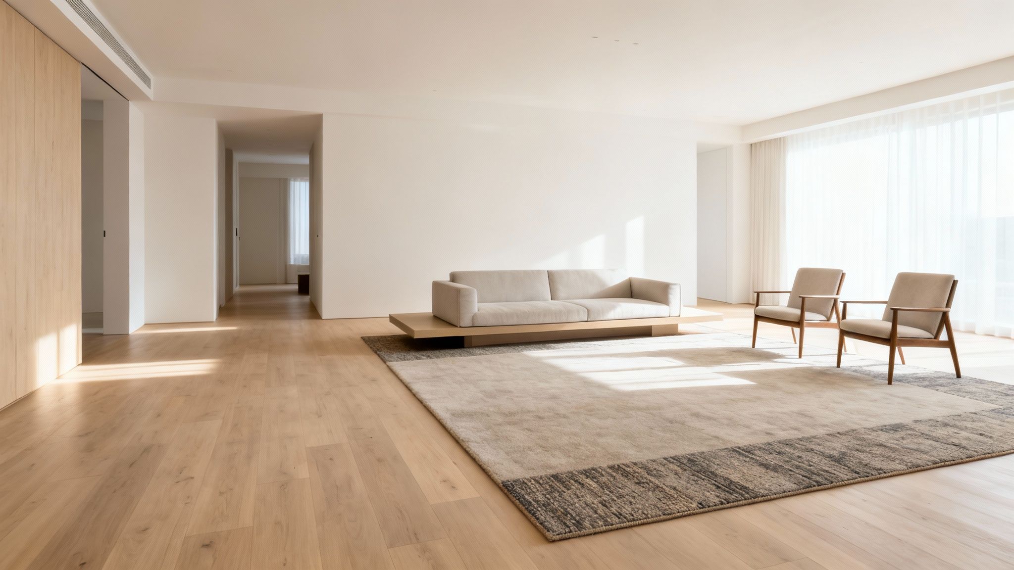 A bright and modern minimalist living room with a light sofa, armchairs, and a large area rug.