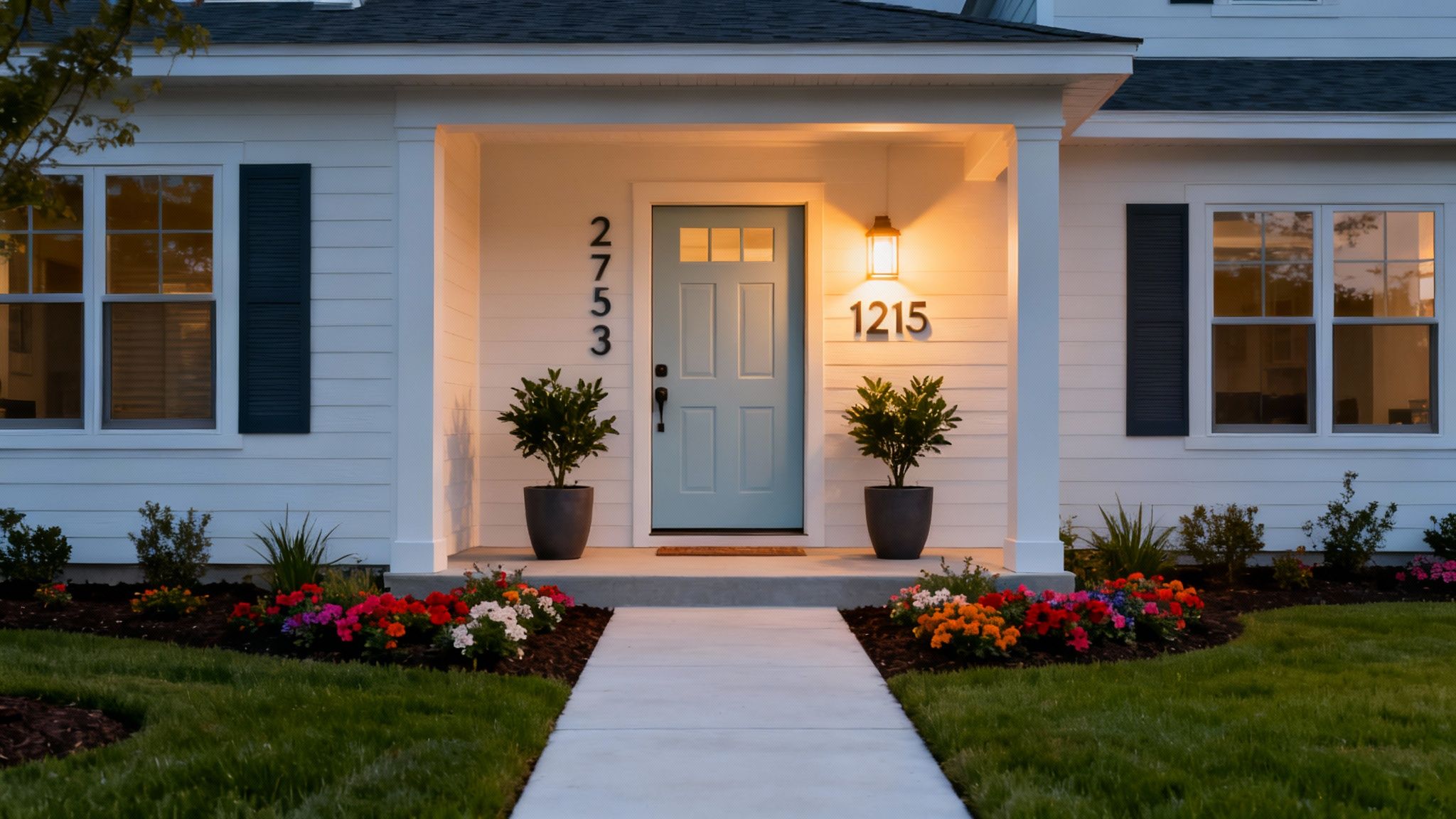 A beautifully staged home exterior at dusk with a light blue front door, warm lighting, and vibrant landscaping.
