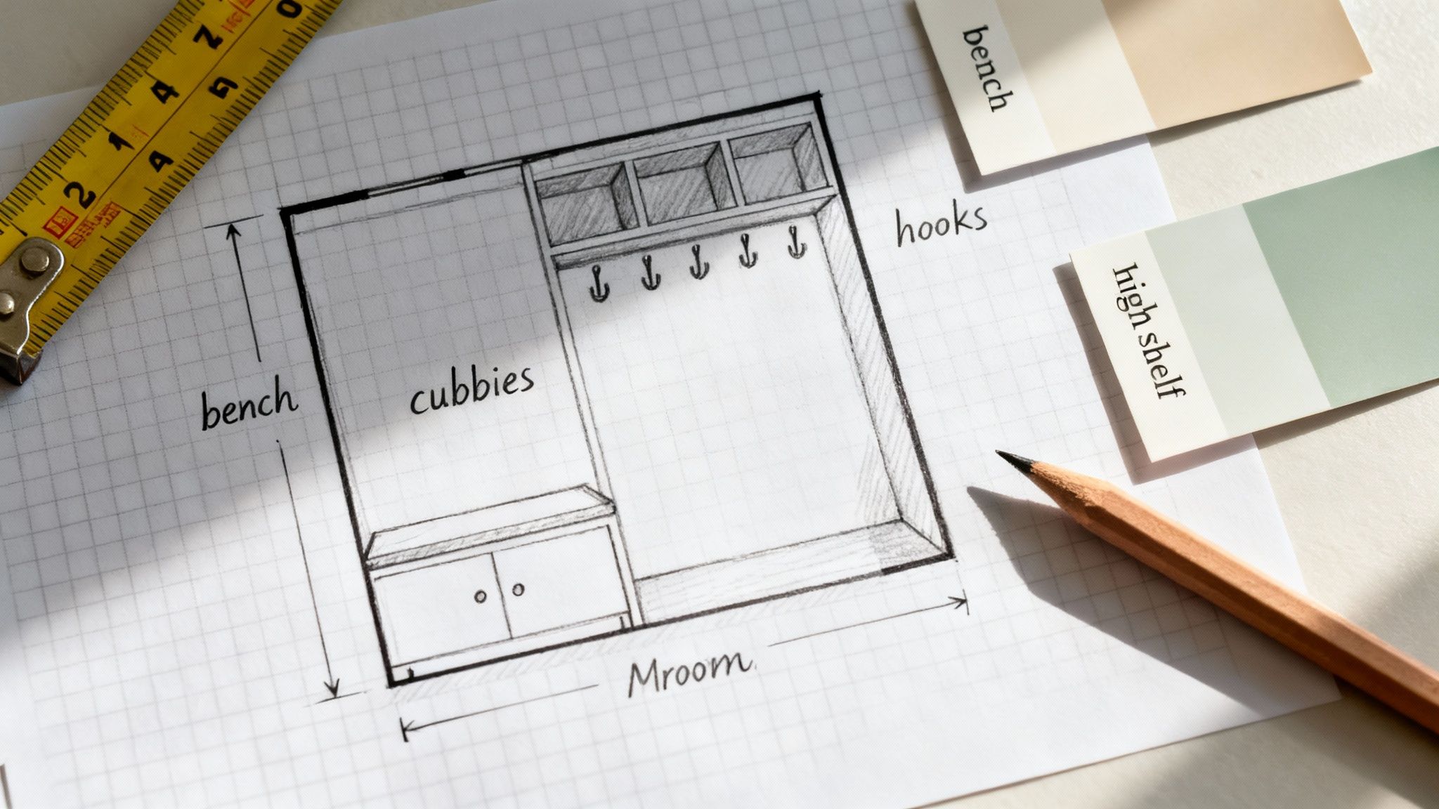 A hand-drawn mudroom design sketch on graph paper with a bench, cubbies, hooks, and color swatches.