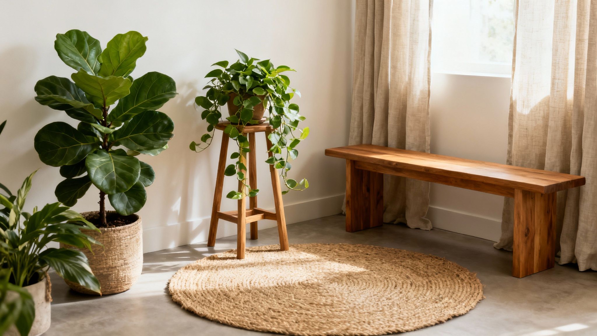 A serene room with houseplants, a wooden bench, a jute rug, and natural light.