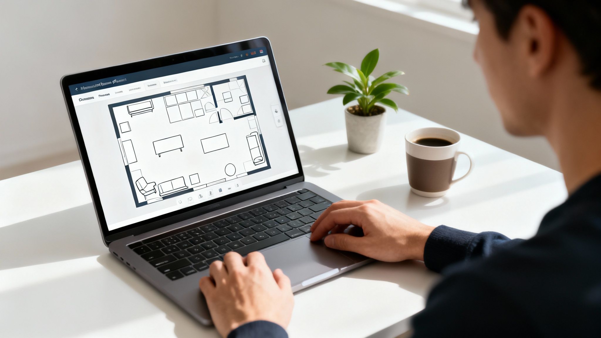 Person using a laptop to design a room layout with an online room design tool.