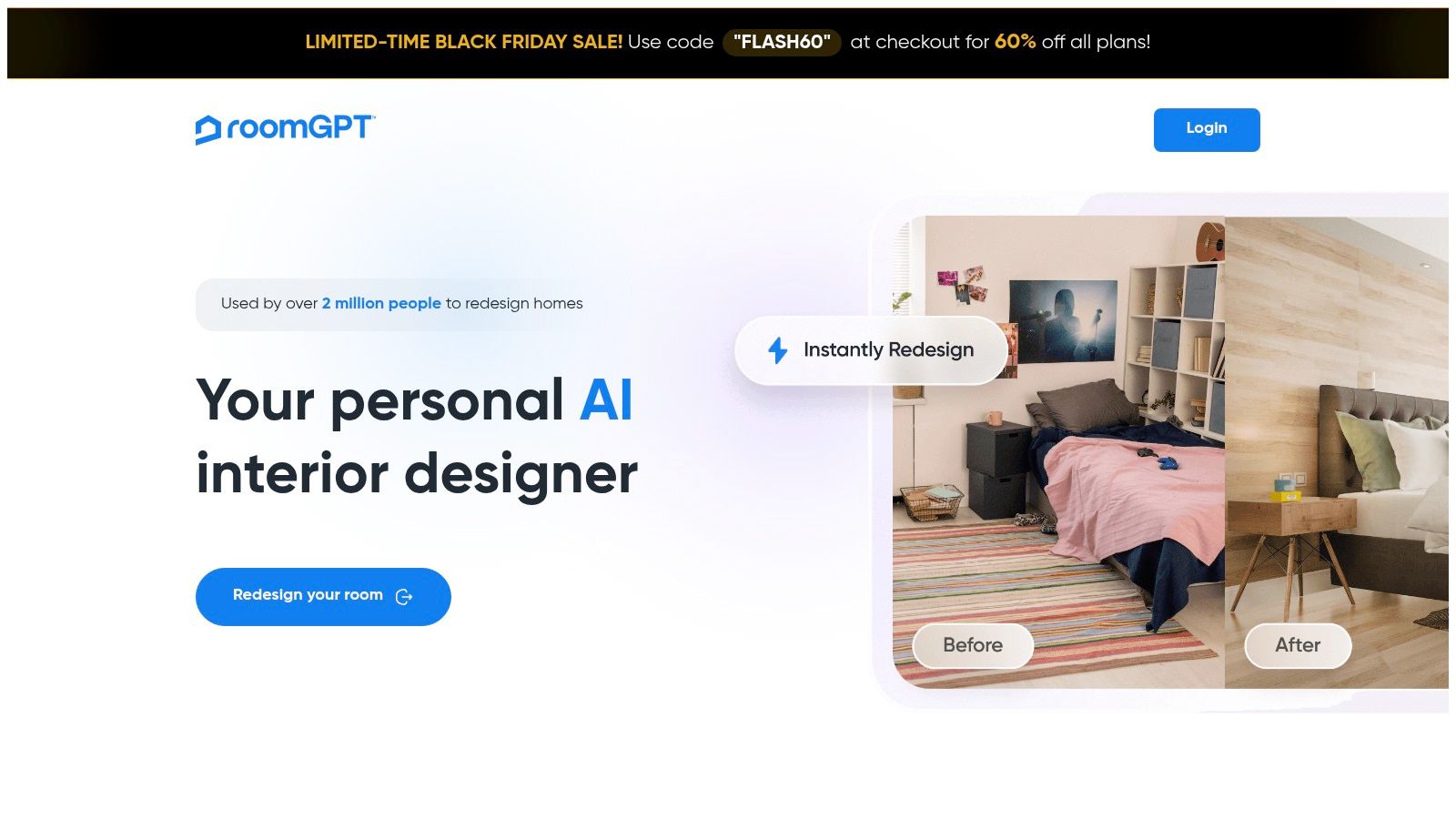 A split-screen comparison showing an original living room on the left and a modern AI-generated redesign by RoomGPT on the right