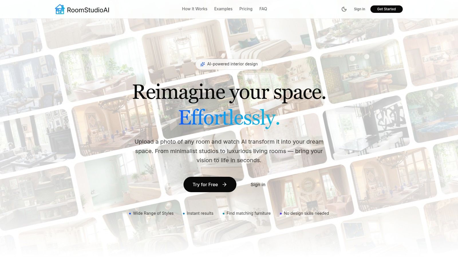 A split-screen image showing an original living room photo on the left and a photorealistic, AI-generated redesign of the same room on the right, created with RoomStudioAI.