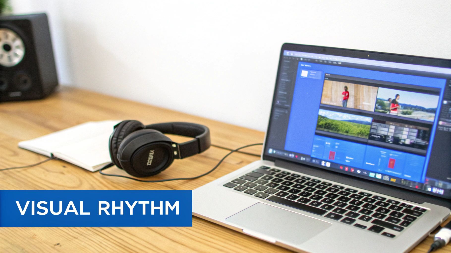 A laptop displays video editing software with clips, headphones, and a notebook on a wooden desk.