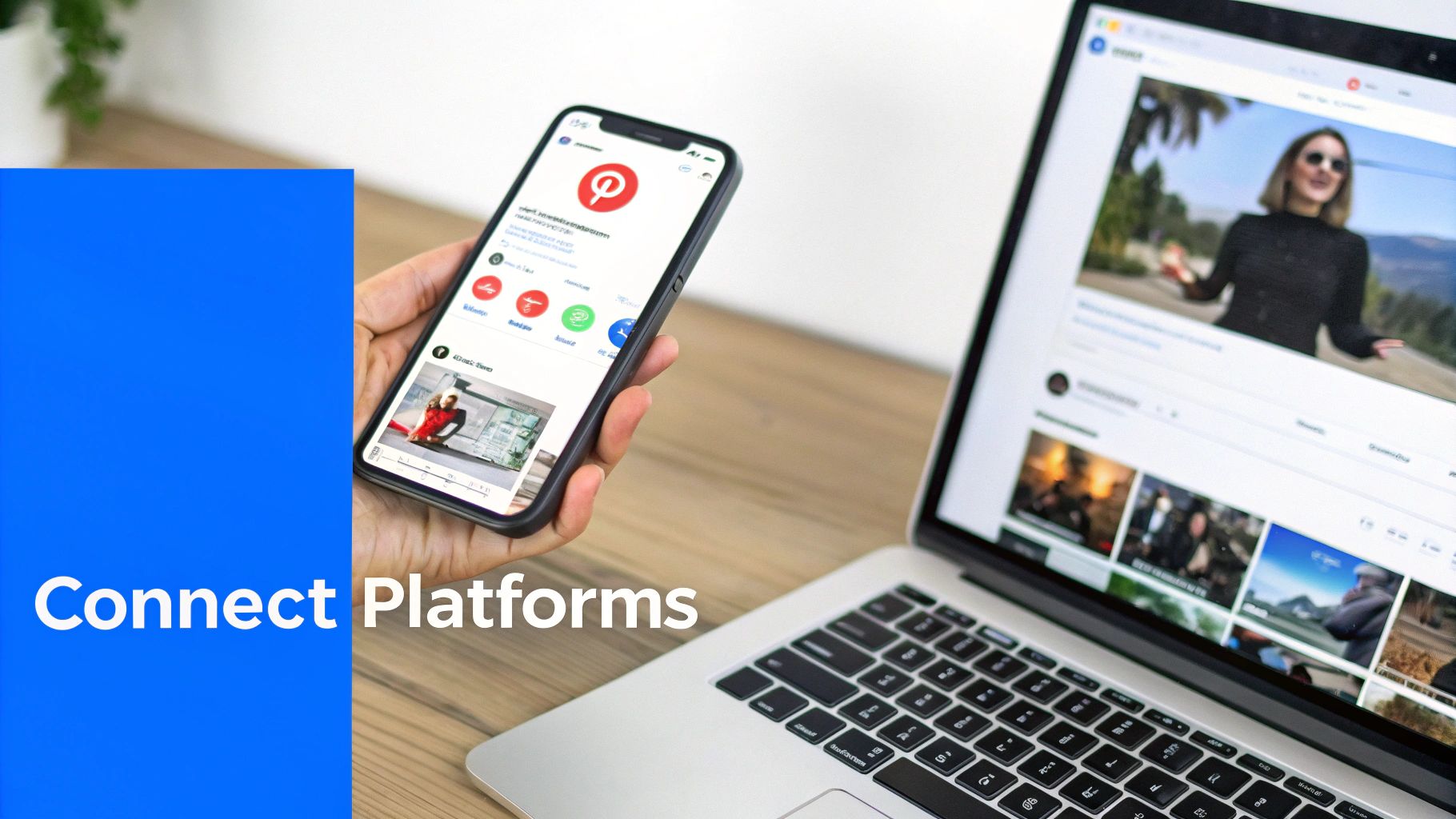 Hand holding a smartphone with Pinterest app, next to a laptop showing YouTube, emphasizing platform connection.