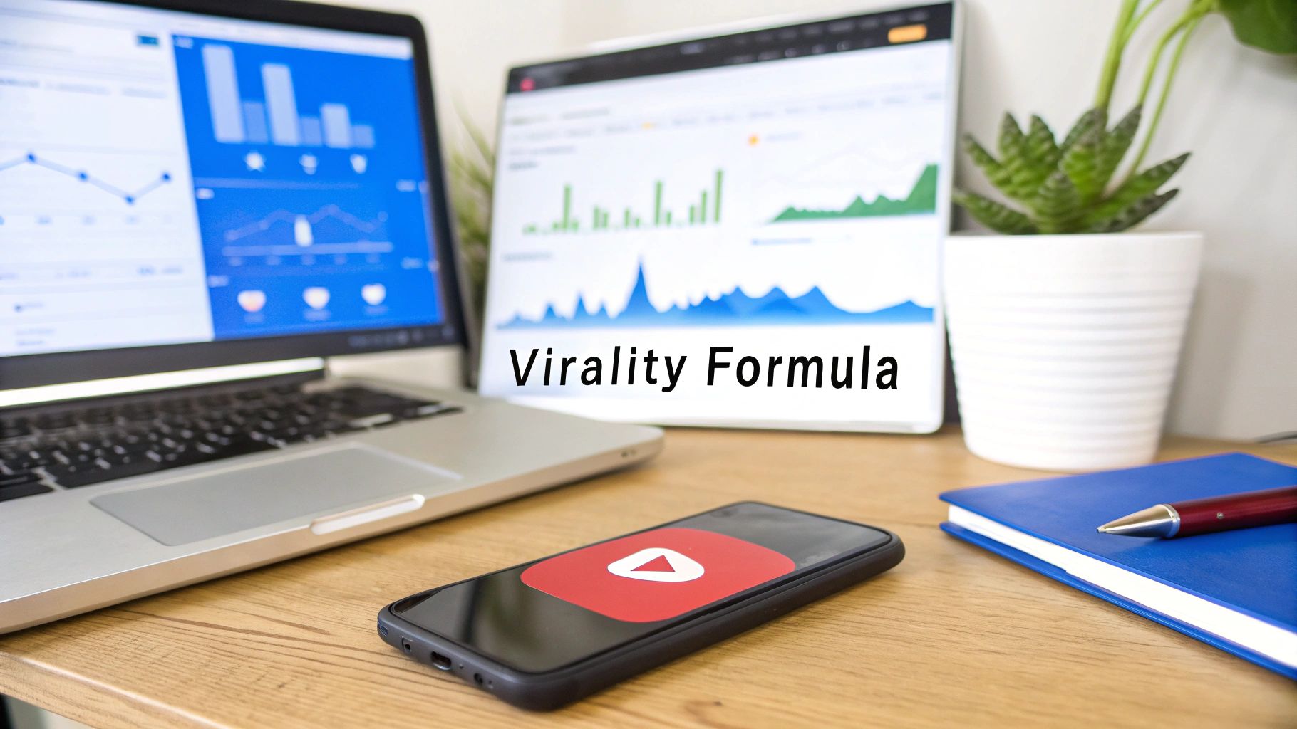 A desk with a laptop, tablet displaying graphs, a smartphone with YouTube app, and text 'Virality Formula'.