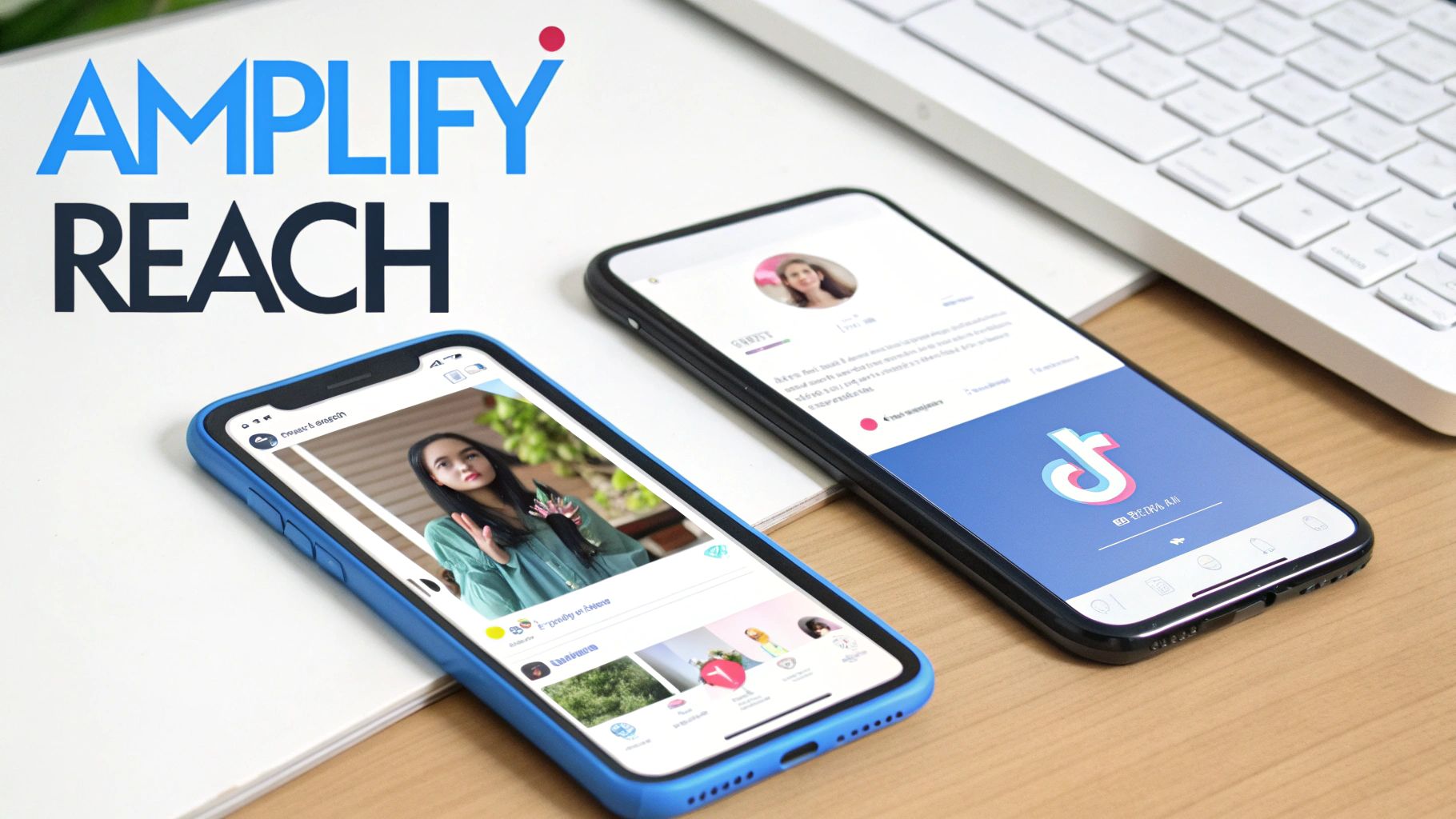 Two smartphones displaying social media apps and 'AMPLIFY REACH' text next to a laptop.