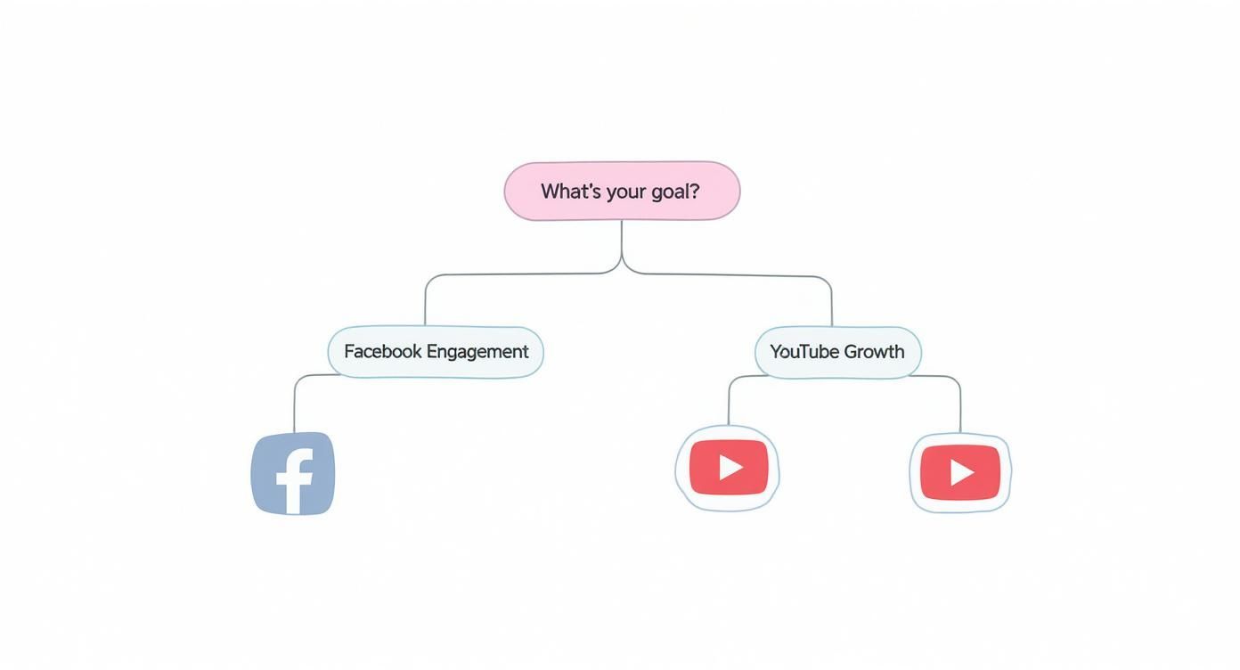Flowchart showing social media goals: Facebook engagement and YouTube growth, with corresponding logos.