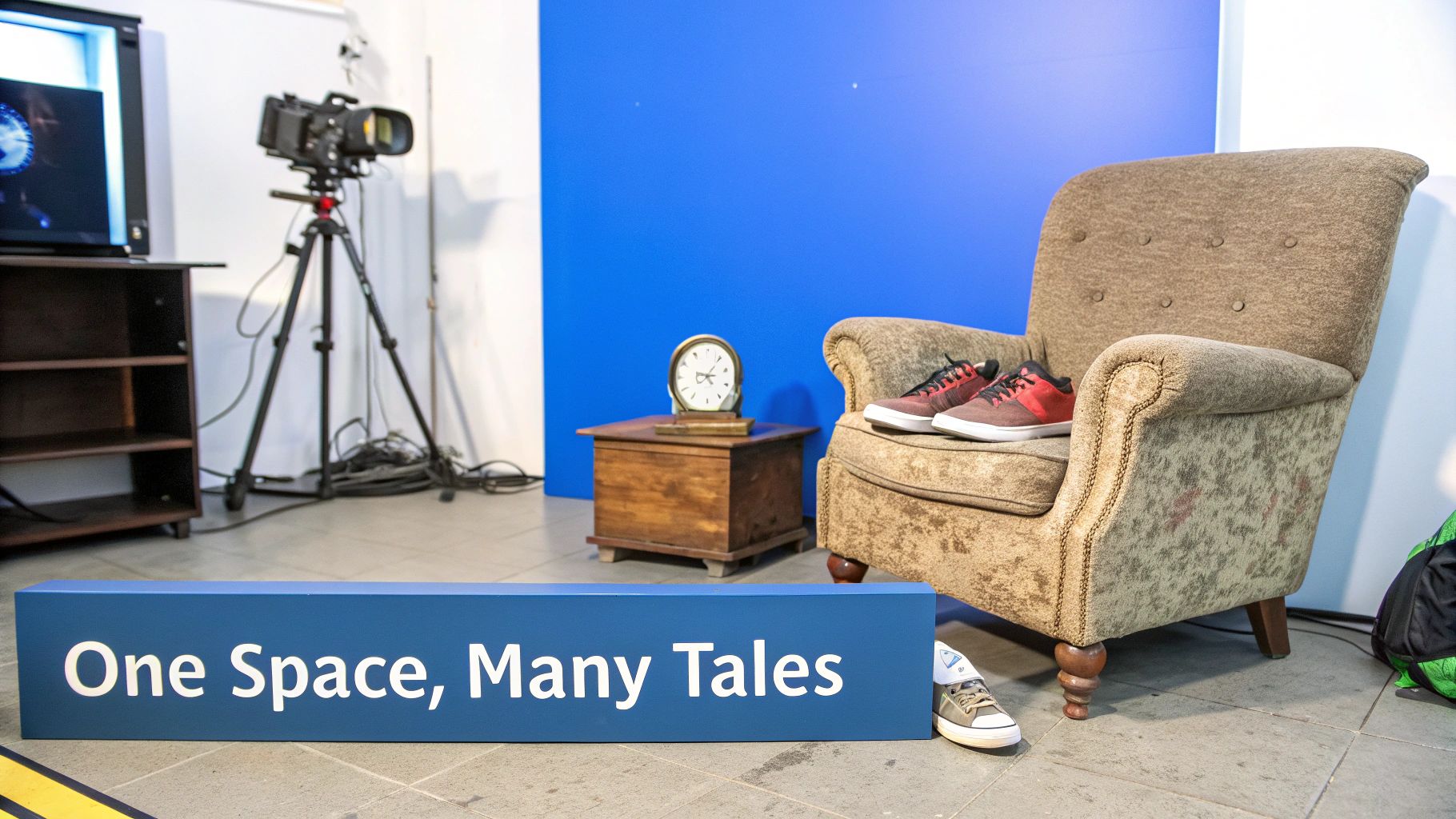 A creative exhibition setup featuring a camera, television, armchair, clock, and a sign 'One Space, Many Tales'.