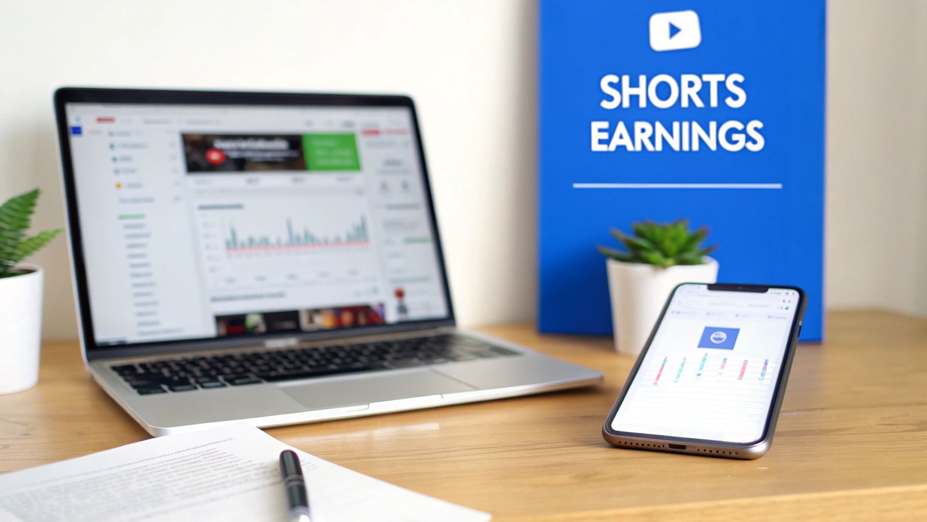 A desk with a laptop displaying YouTube Shorts earnings analytics, a phone, and a 'Shorts Earnings' sign.