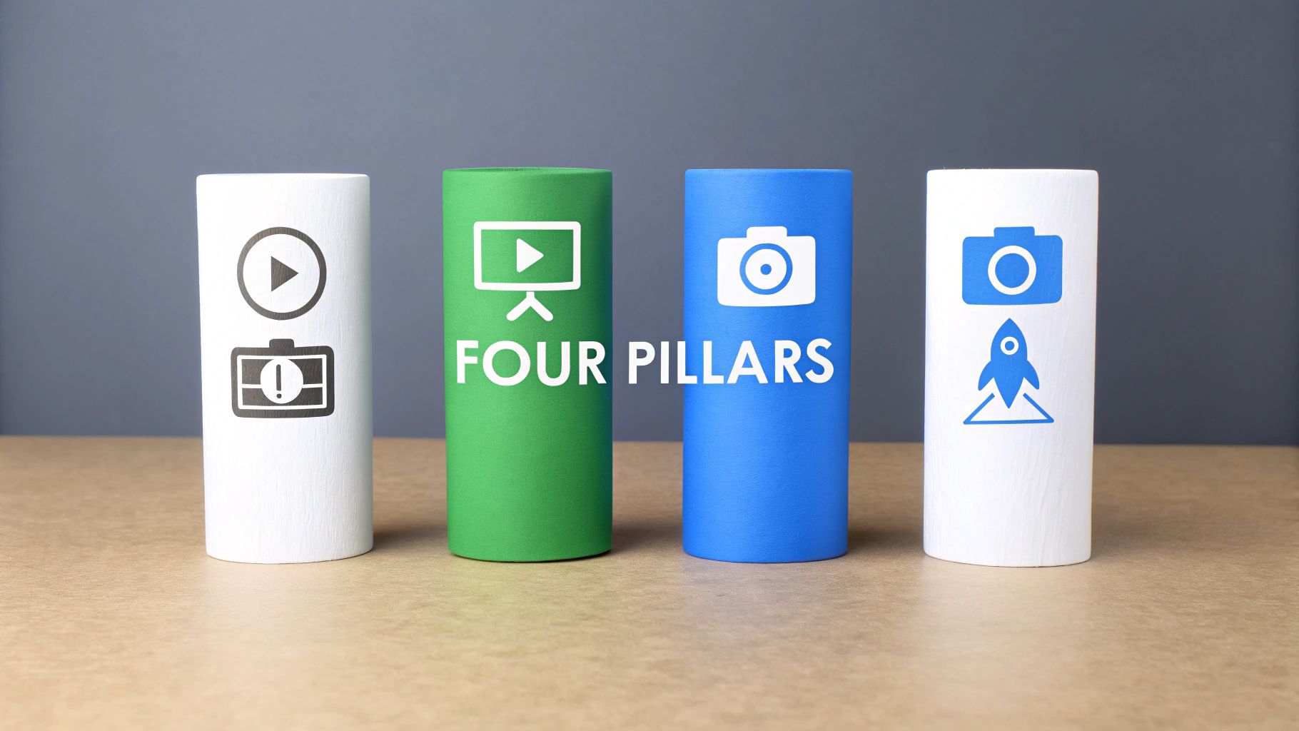 Four colorful cylinders displaying icons representing video content creation and social media automation pillars